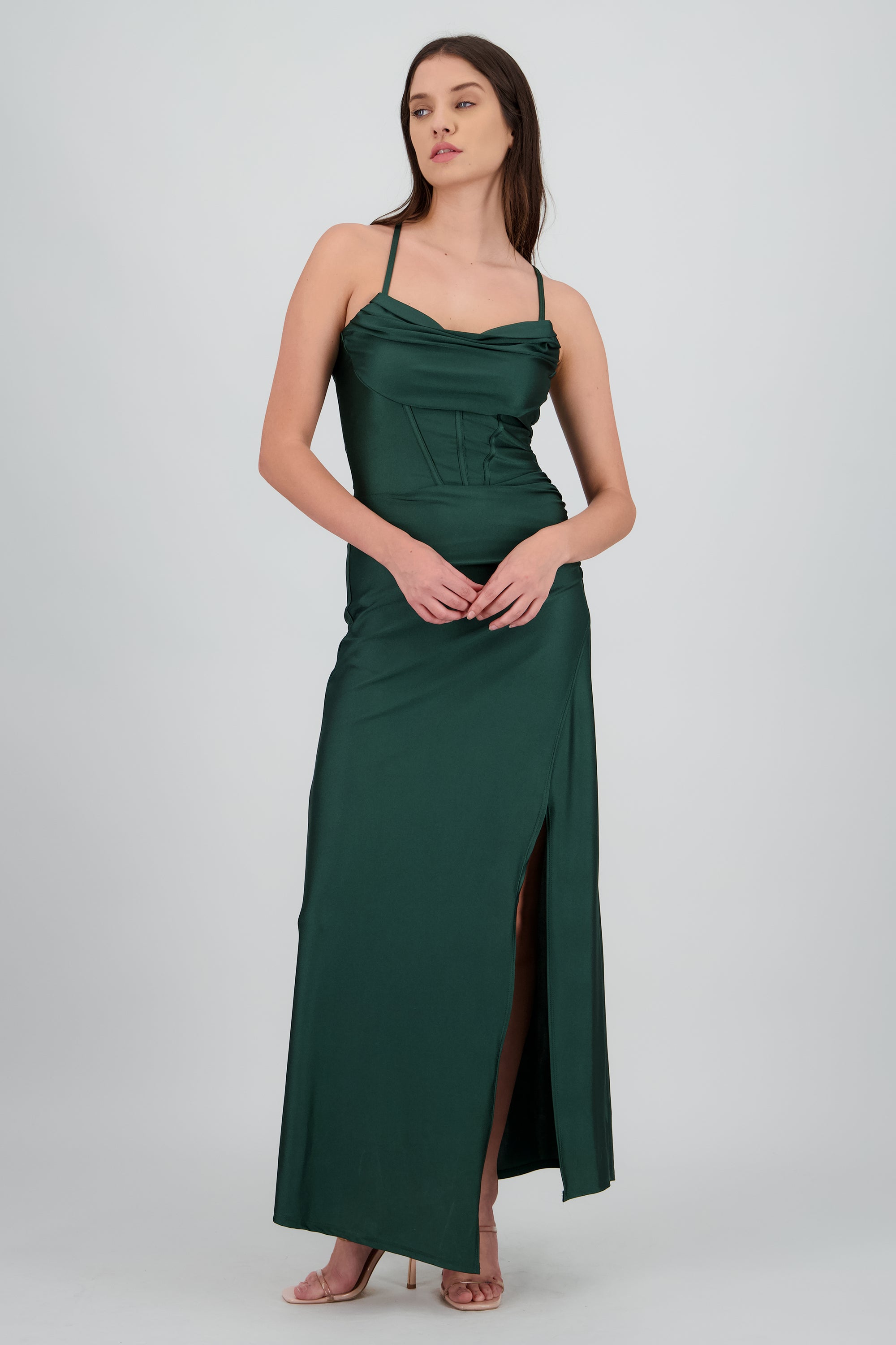Vestido maxi tirantes drapeado VERDE OBSCURO
