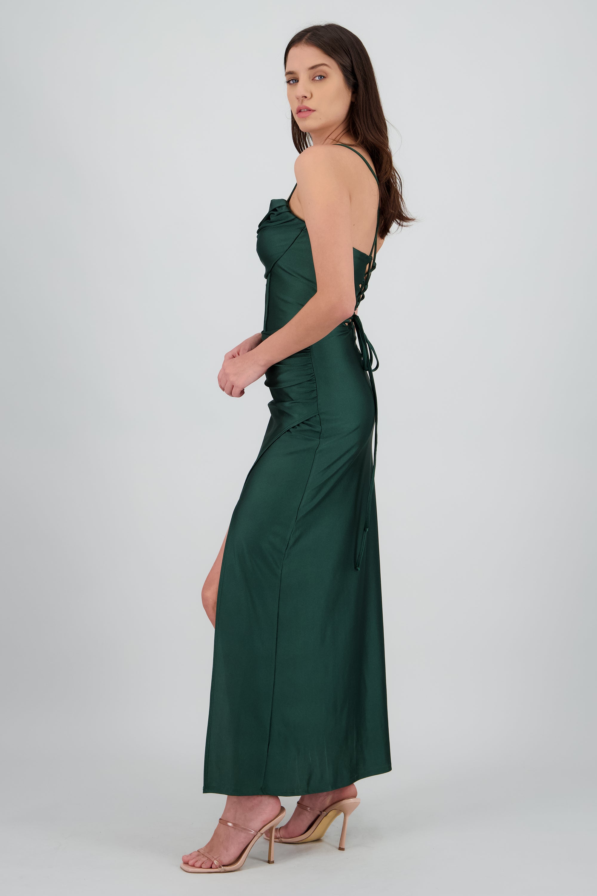 Vestido maxi tirantes drapeado VERDE OBSCURO