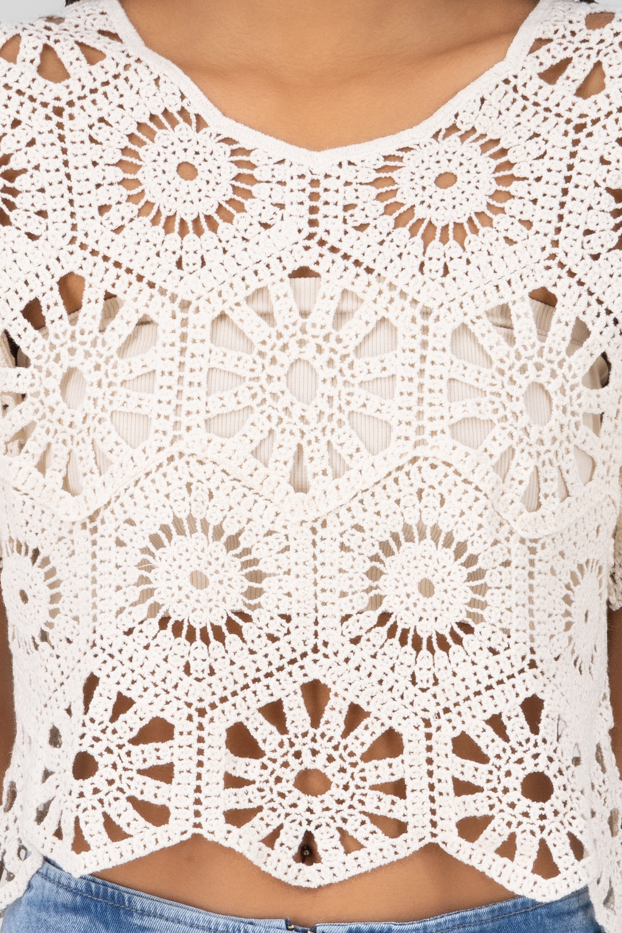 Blusa manga corta tejido crochet HUESO