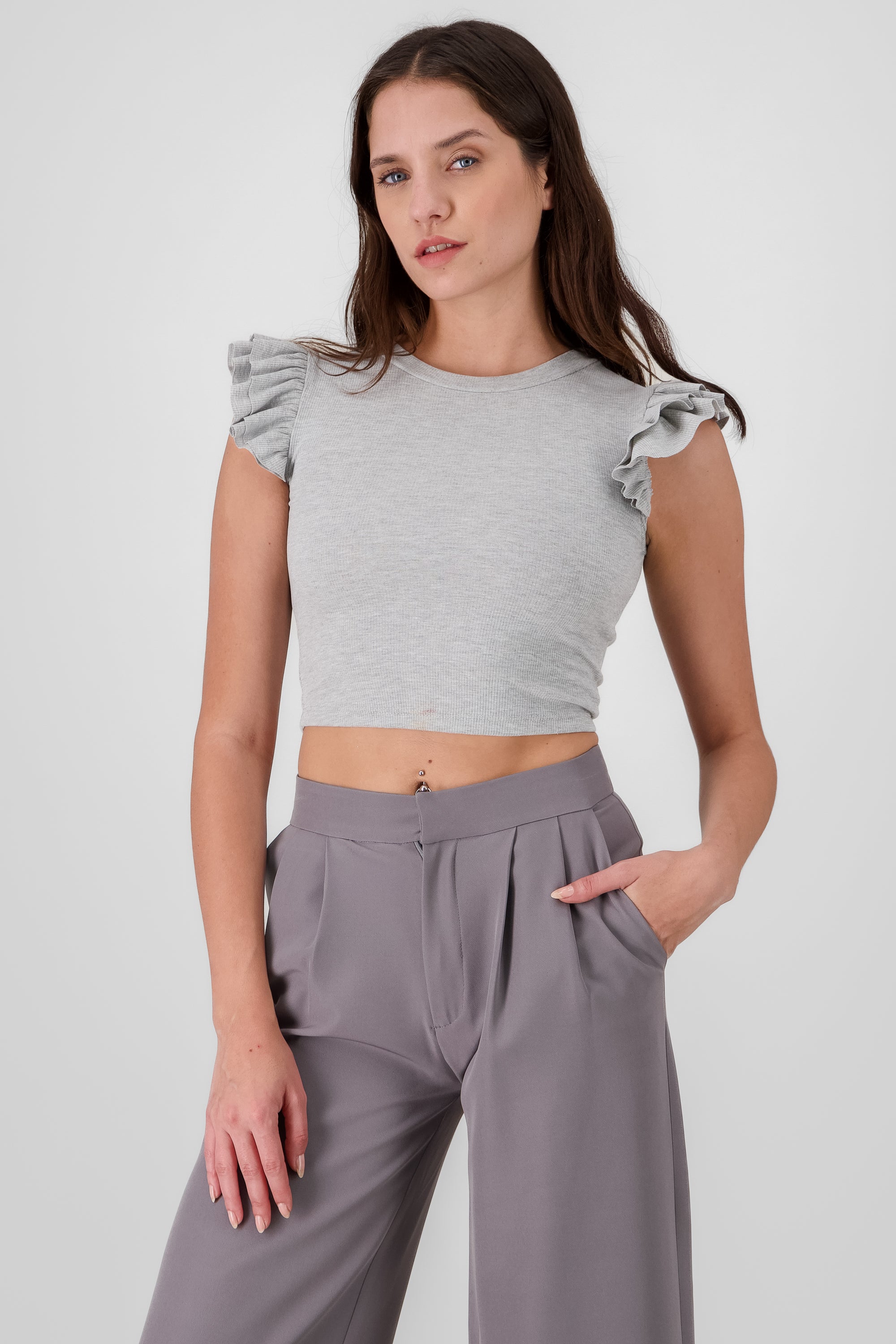 Top rib manga olanes GRIS JASPE