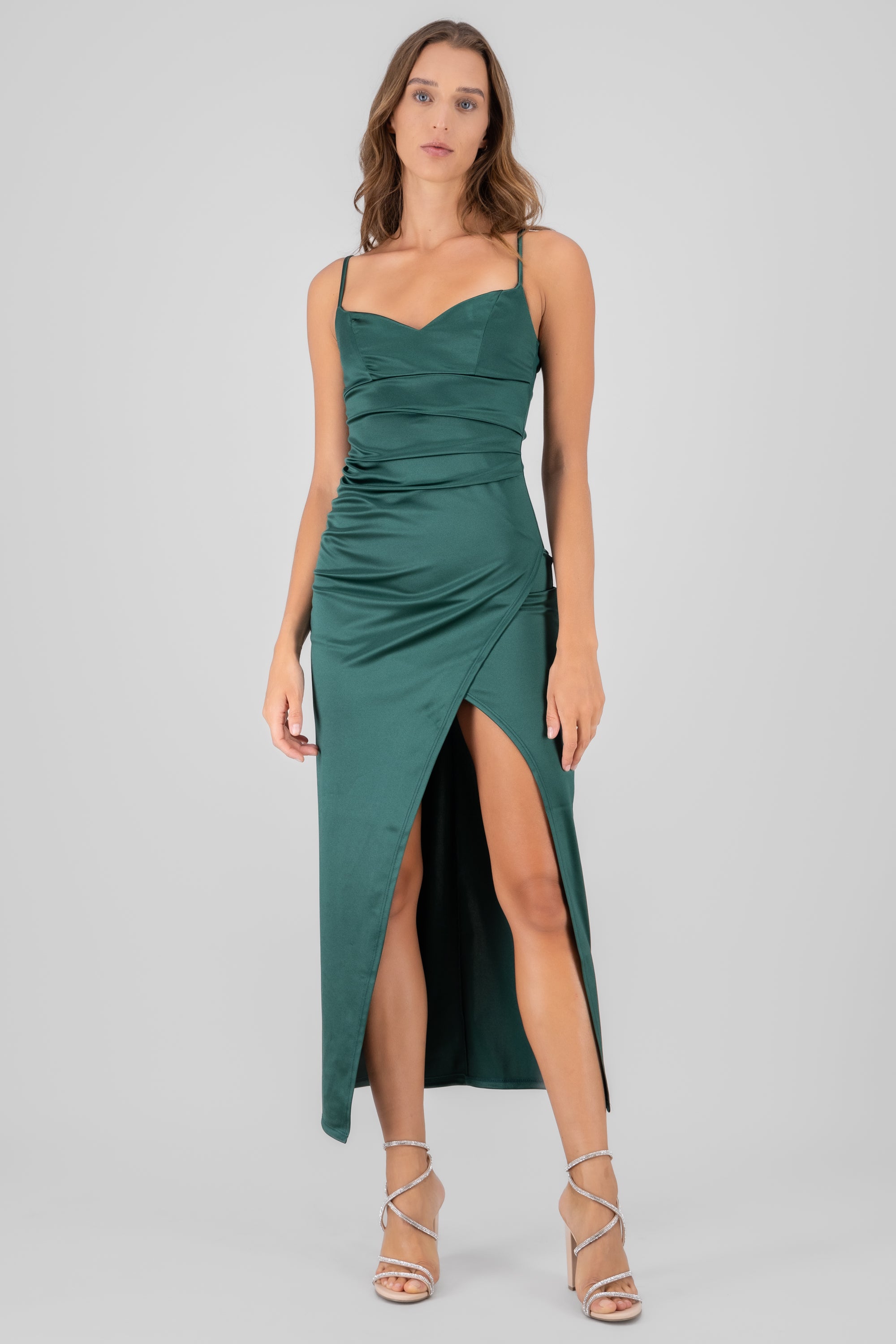 Vestido maxi liso satin VERDE CAZADOR