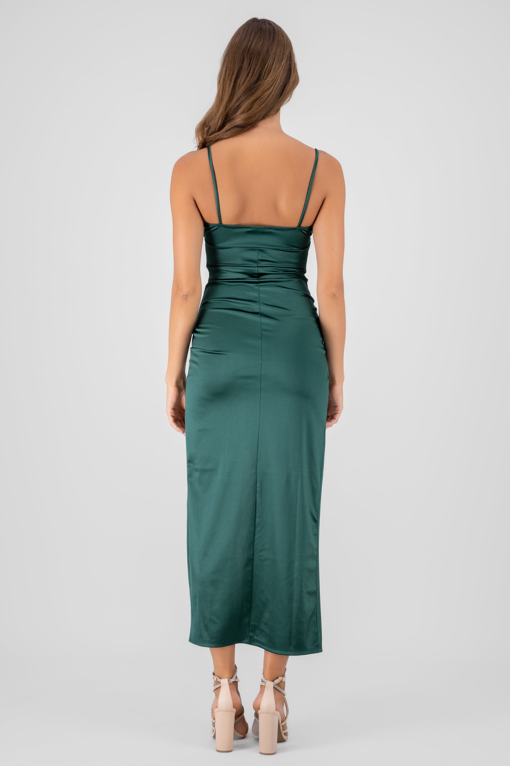 Vestido maxi liso satin VERDE CAZADOR