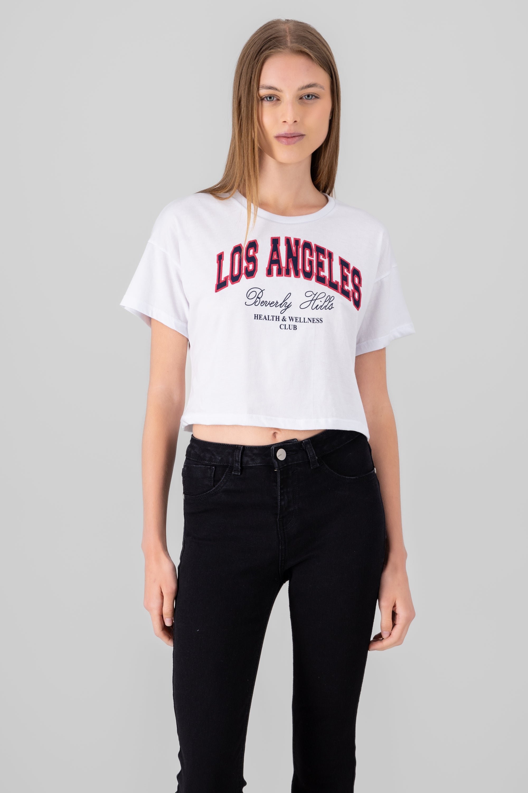 Playera crop bordado los angeles BLANCO