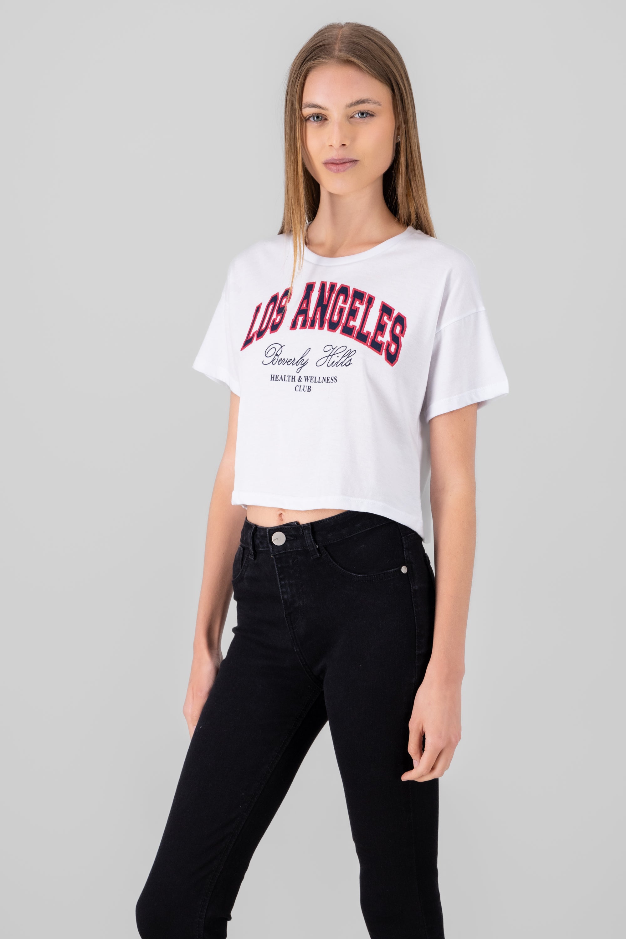 Playera crop bordado los angeles BLANCO