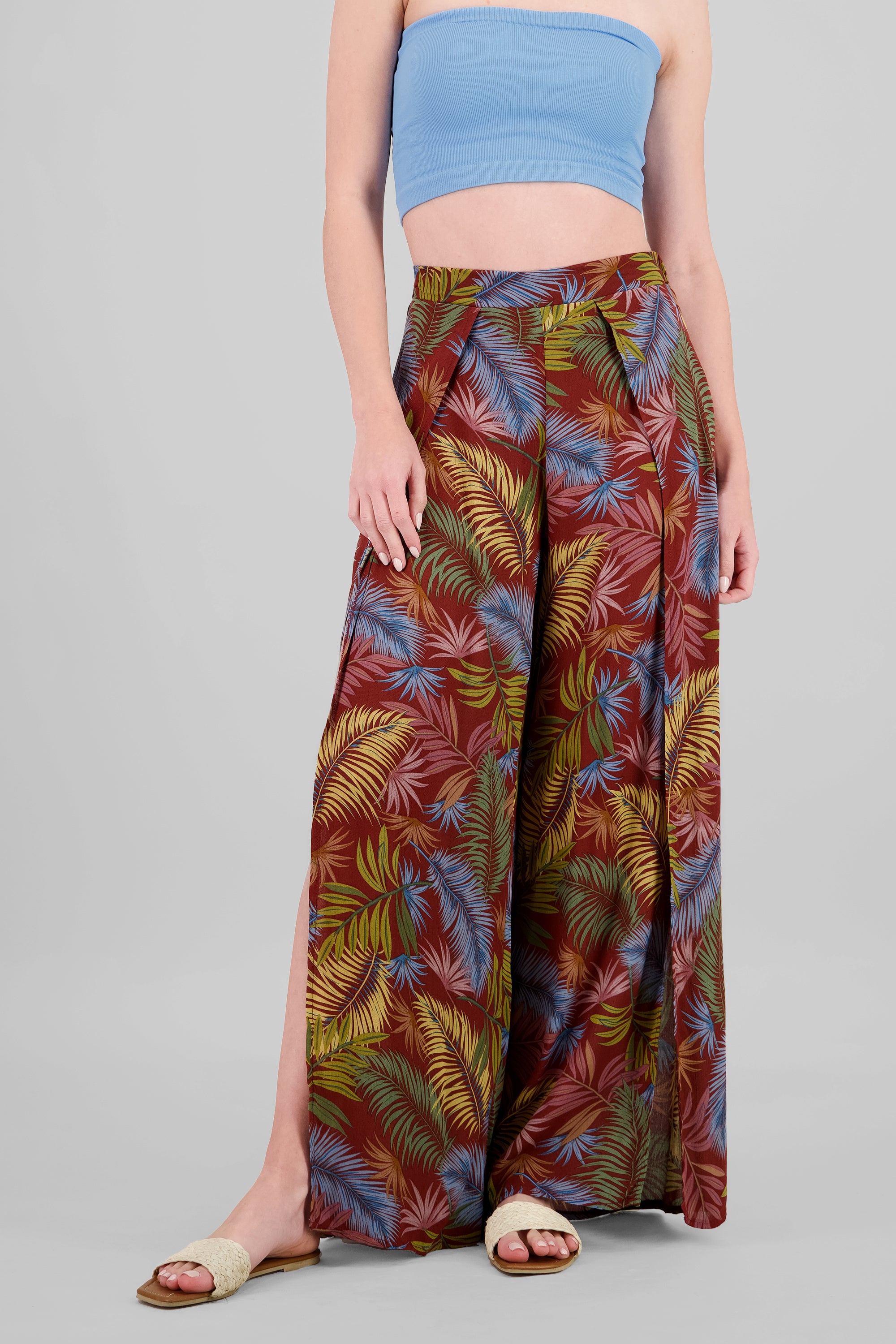 Pantalon pinzas estampado tropical LADRILLO