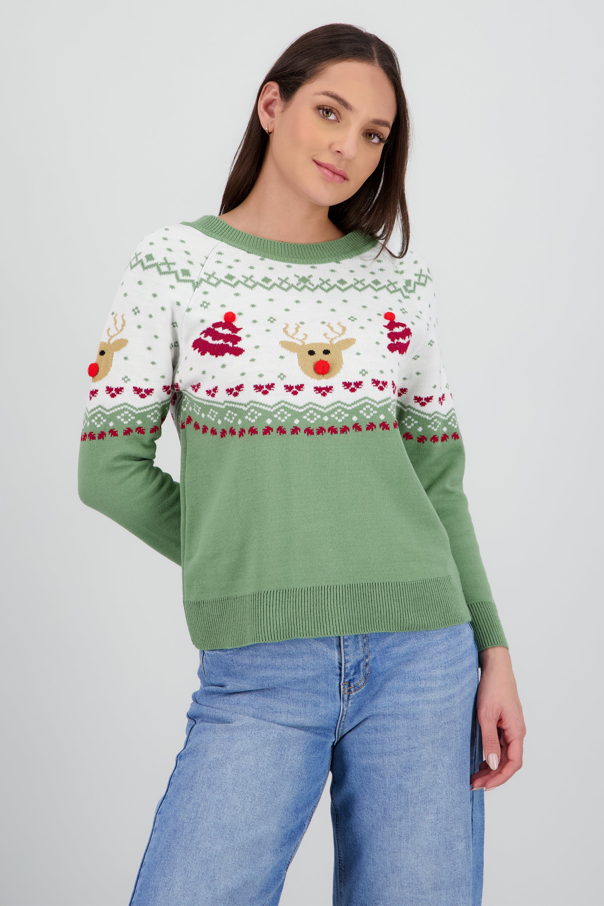 Sueter reno pino detalle pompon VERDE COMBO