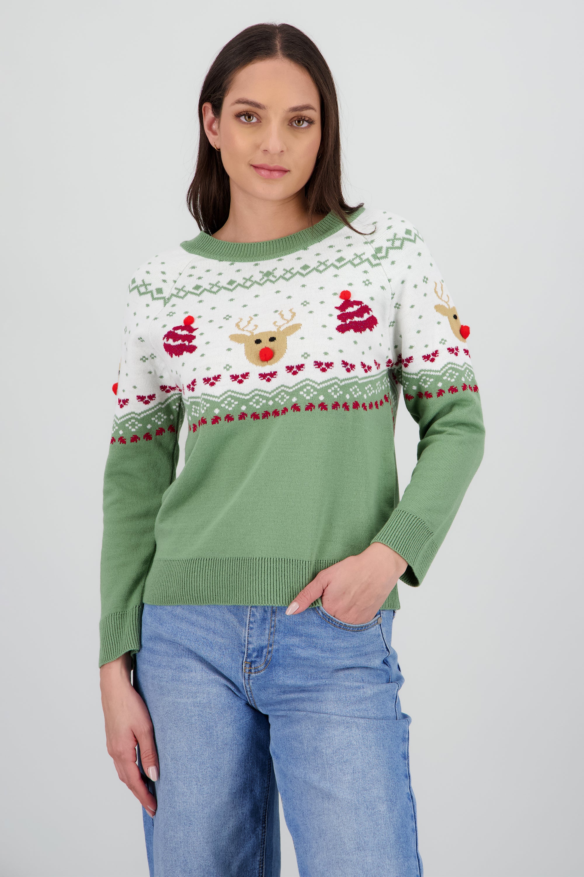 Sueter reno pino detalle pompon VERDE COMBO