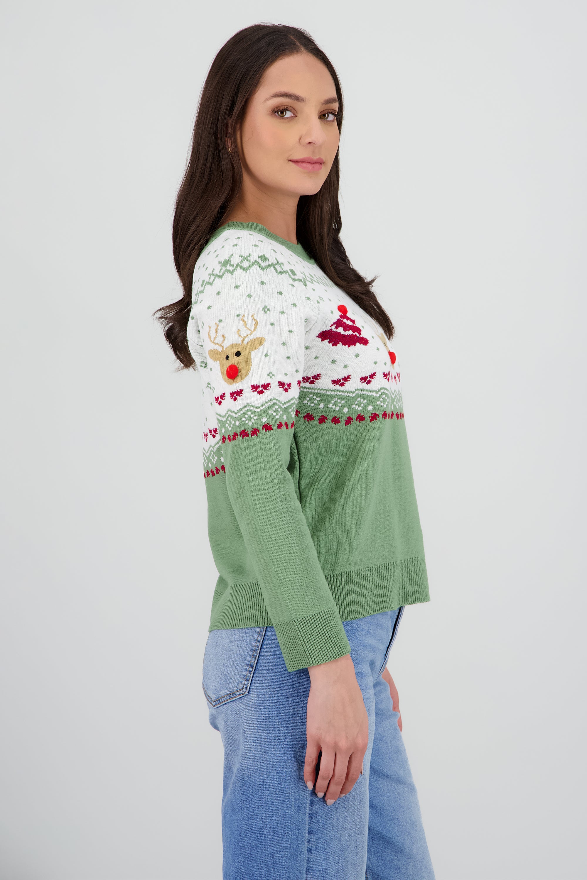 Sueter reno pino detalle pompon VERDE COMBO