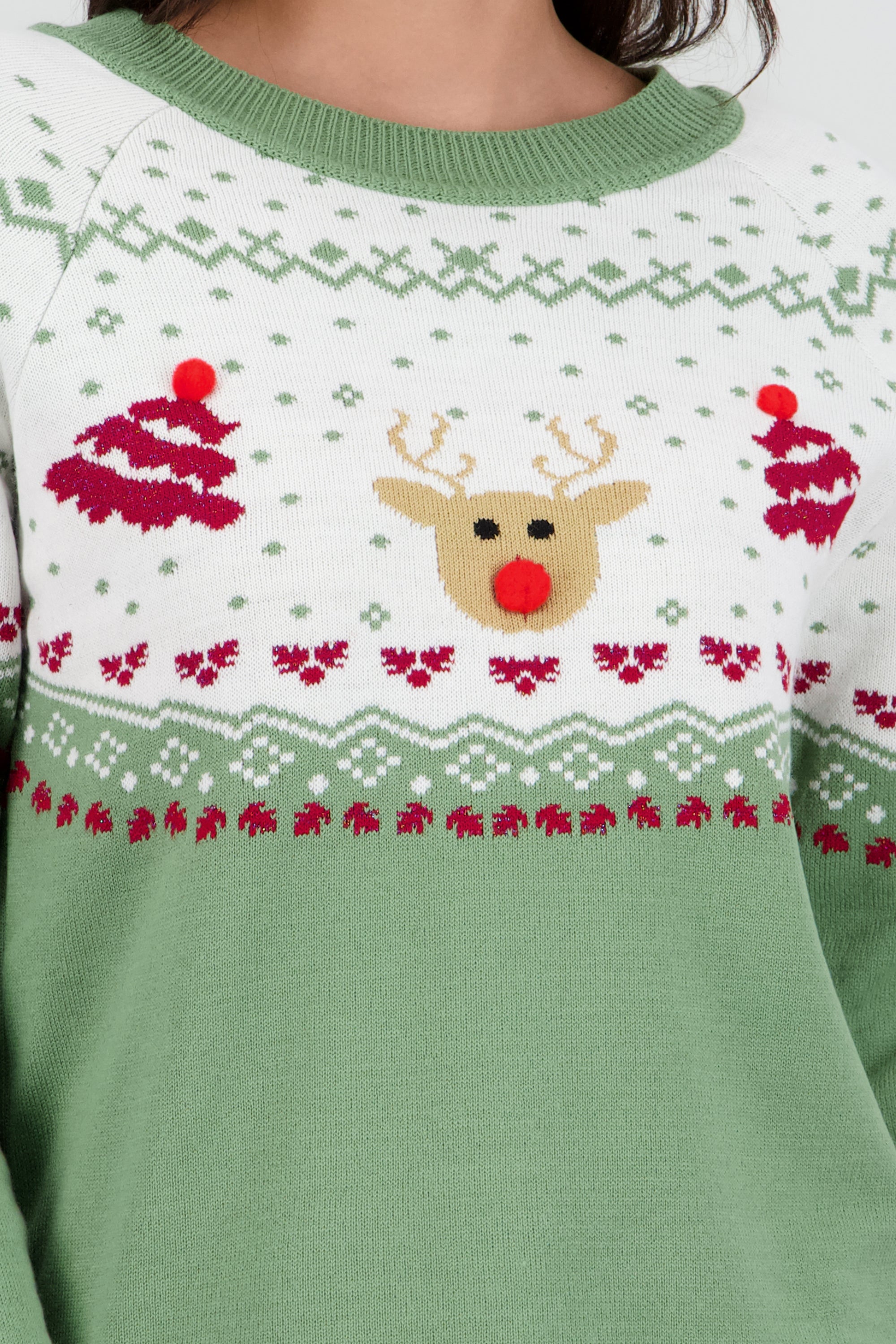 Sueter reno pino detalle pompon VERDE COMBO