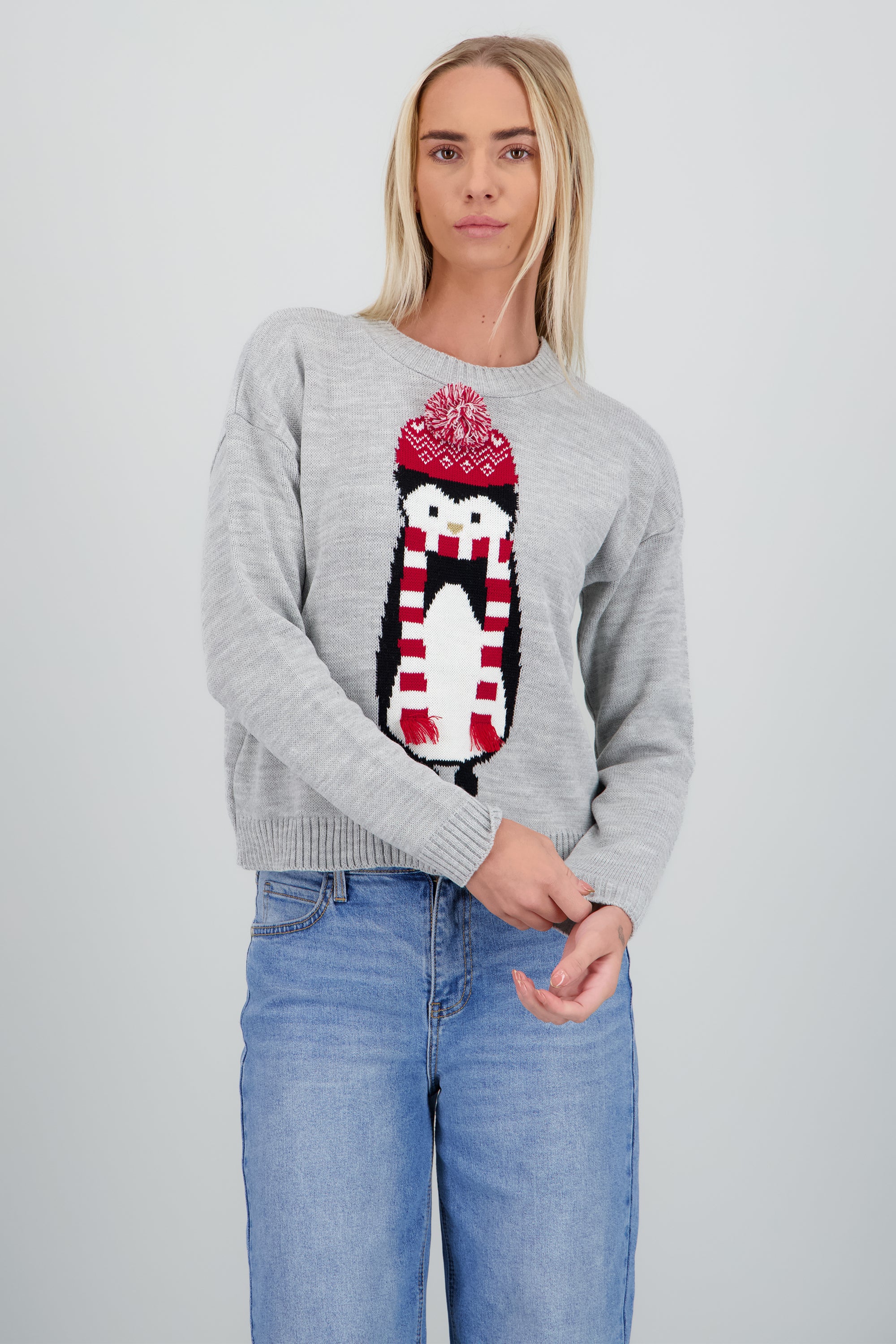 Sueter pingüino detalle pompon GRIS COMBO