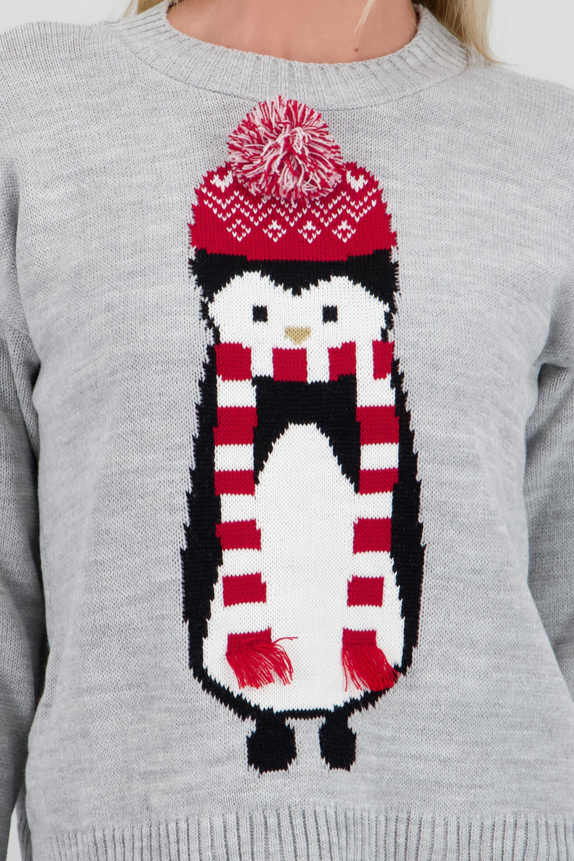 Sueter pingüino detalle pompon GRIS COMBO
