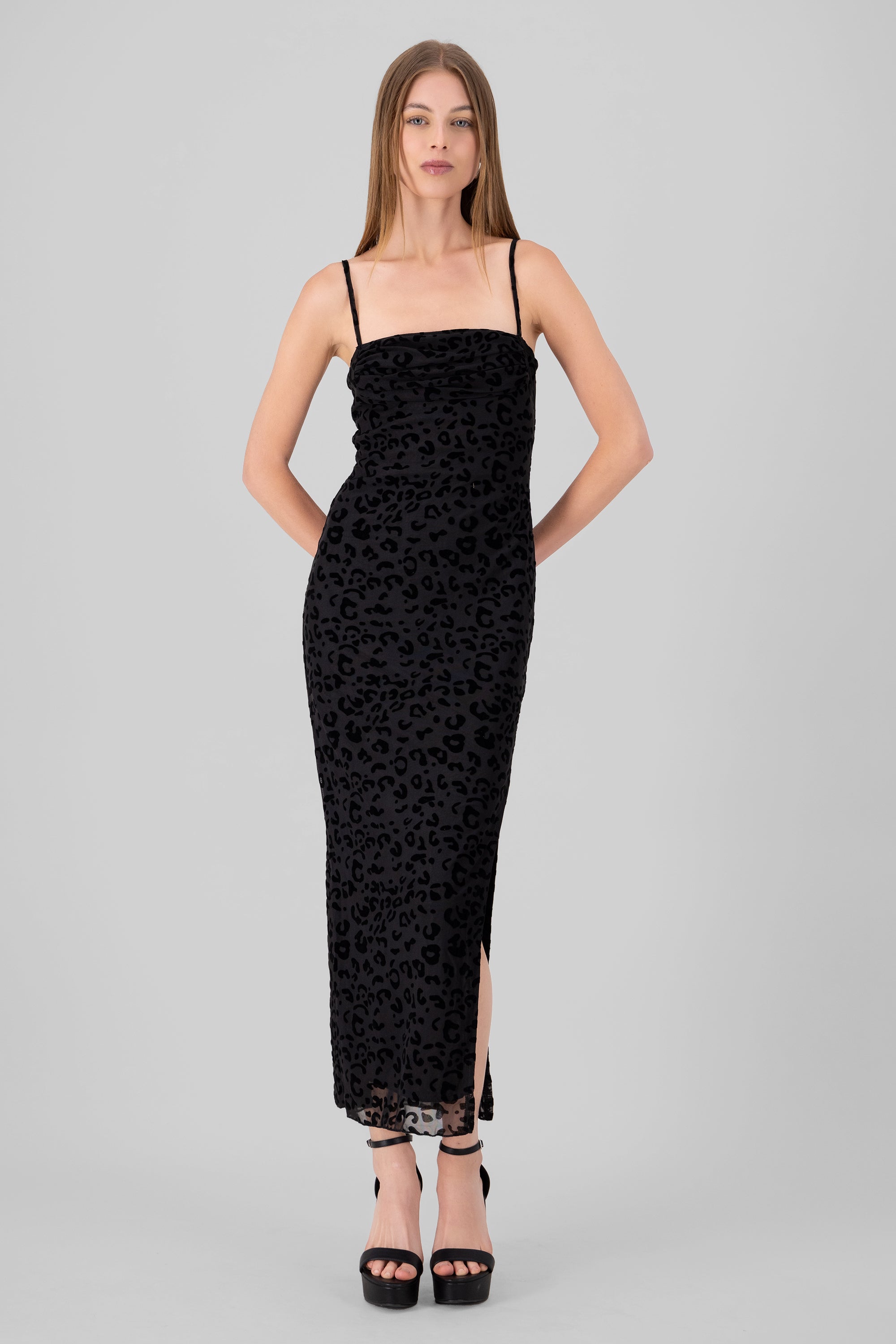 Vestido maxi leopardo mesh flock NEGRO