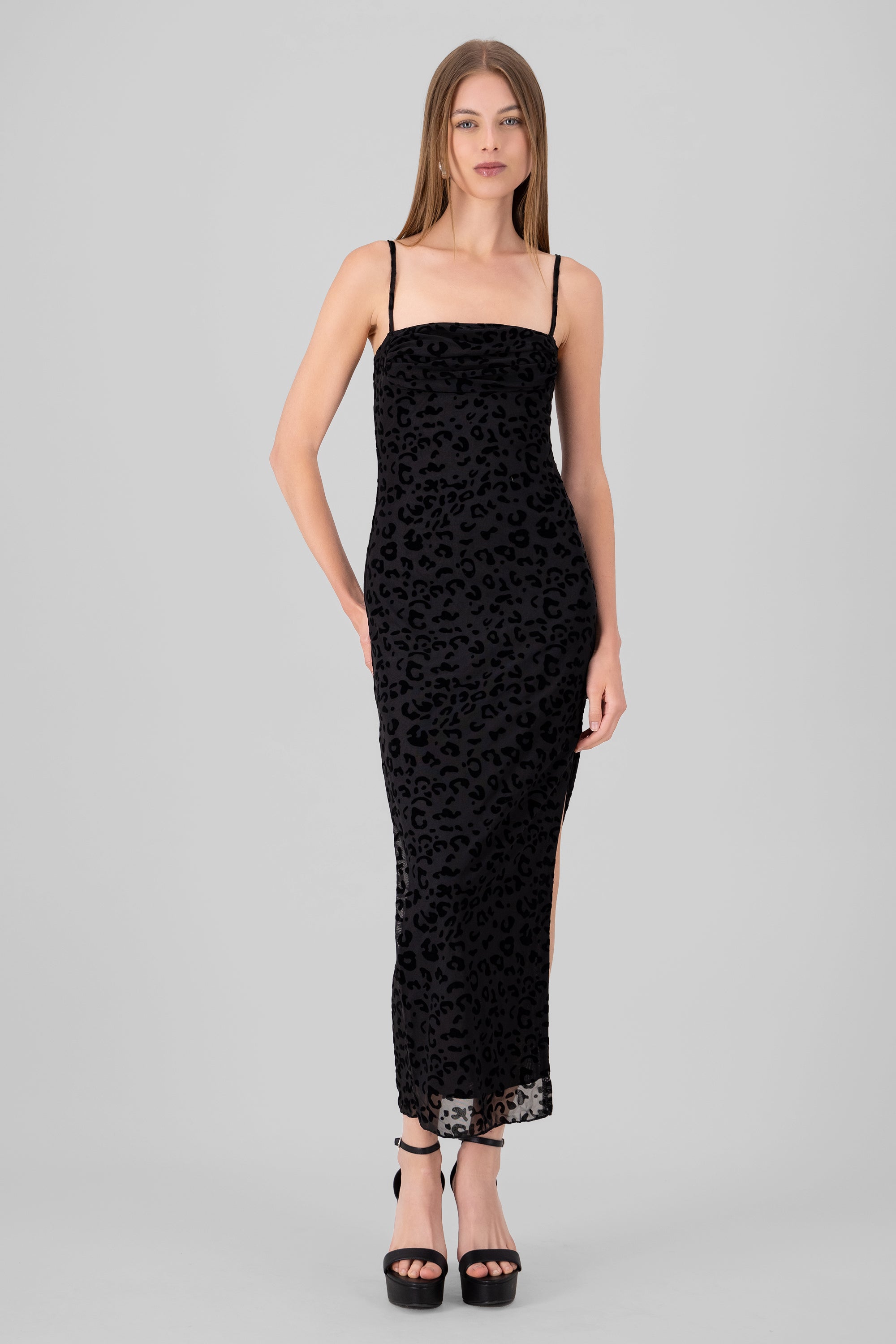 Vestido maxi leopardo mesh flock NEGRO