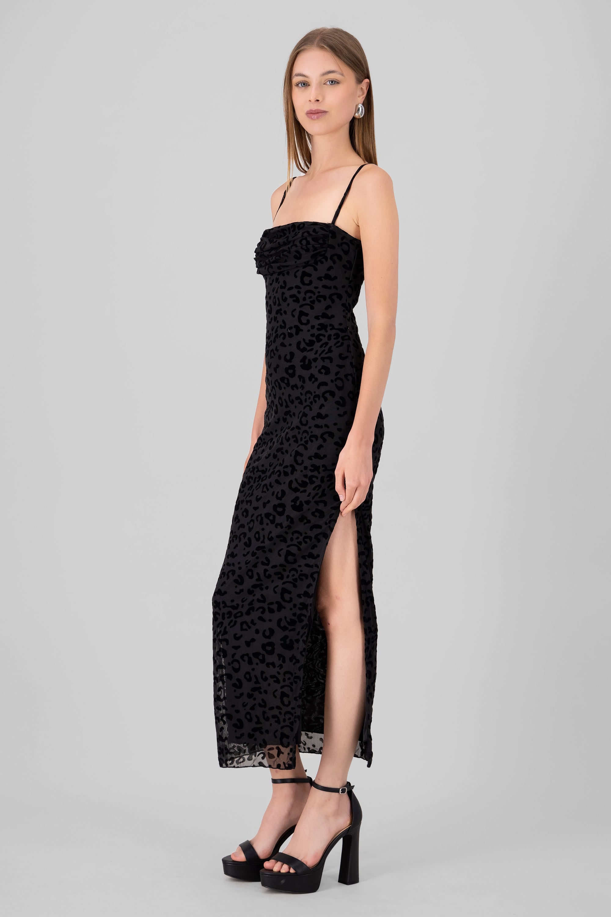 Vestido maxi leopardo mesh flock NEGRO