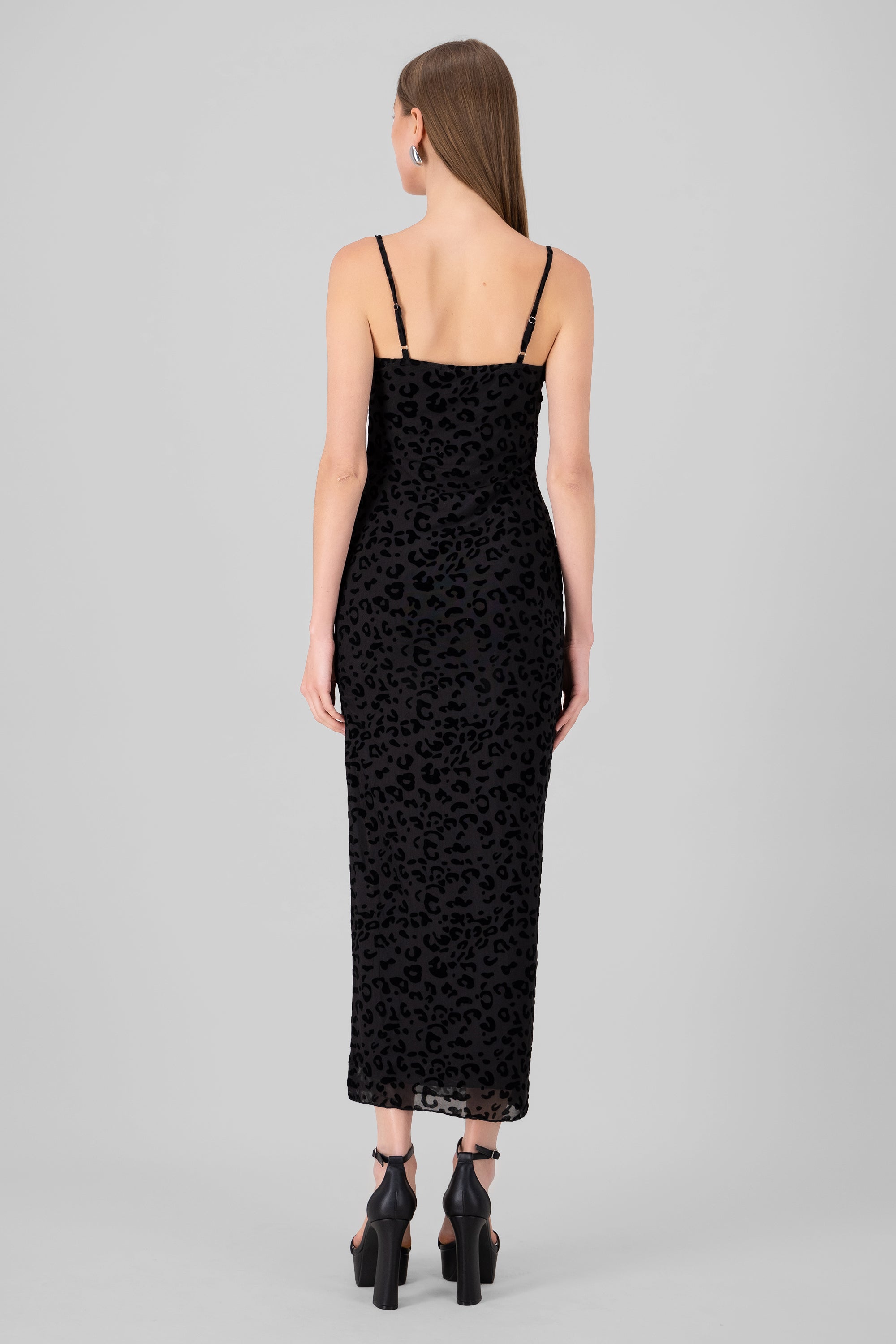 Vestido maxi leopardo mesh flock NEGRO