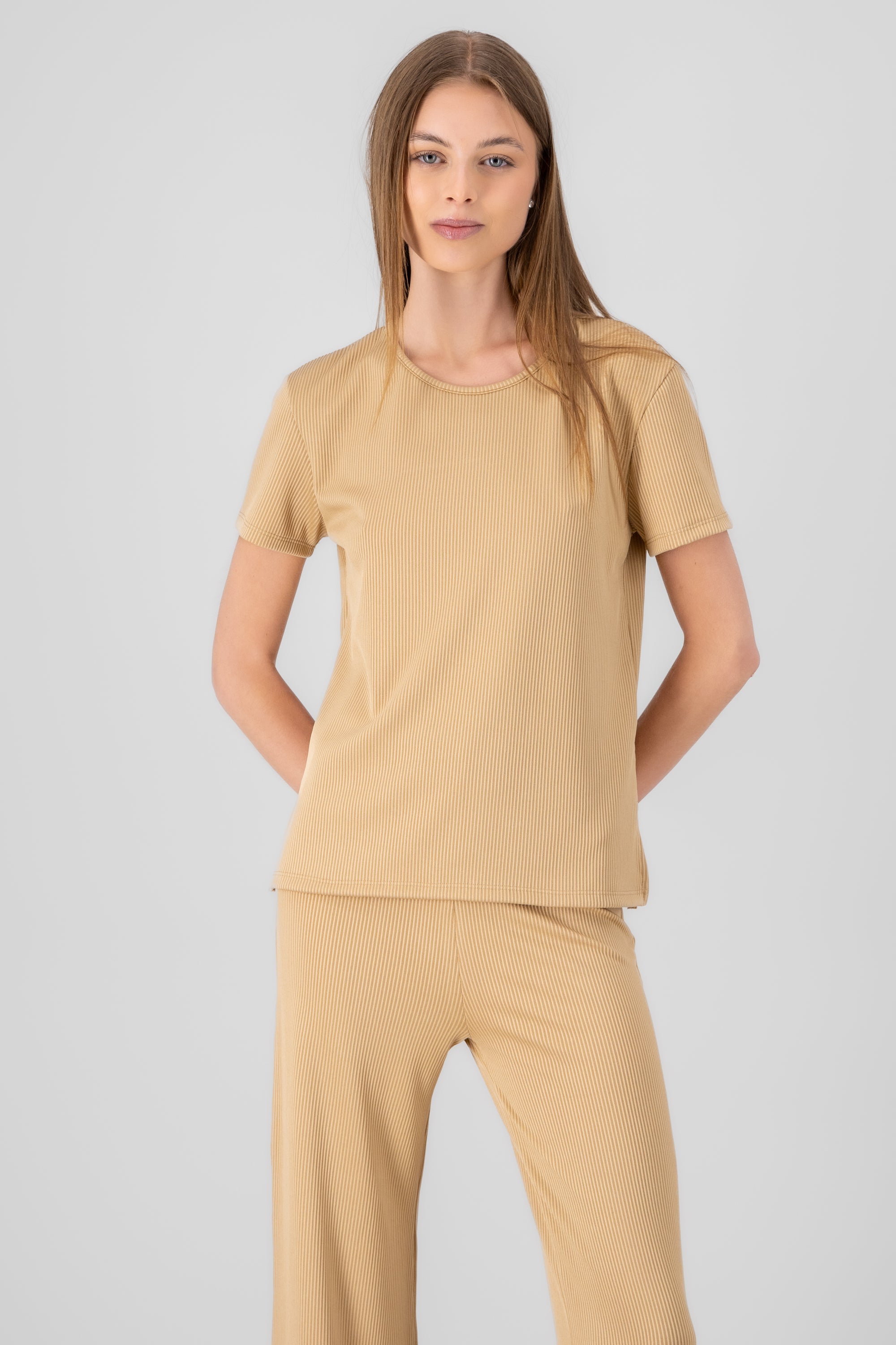 Blusa manga corta rib BEIGE