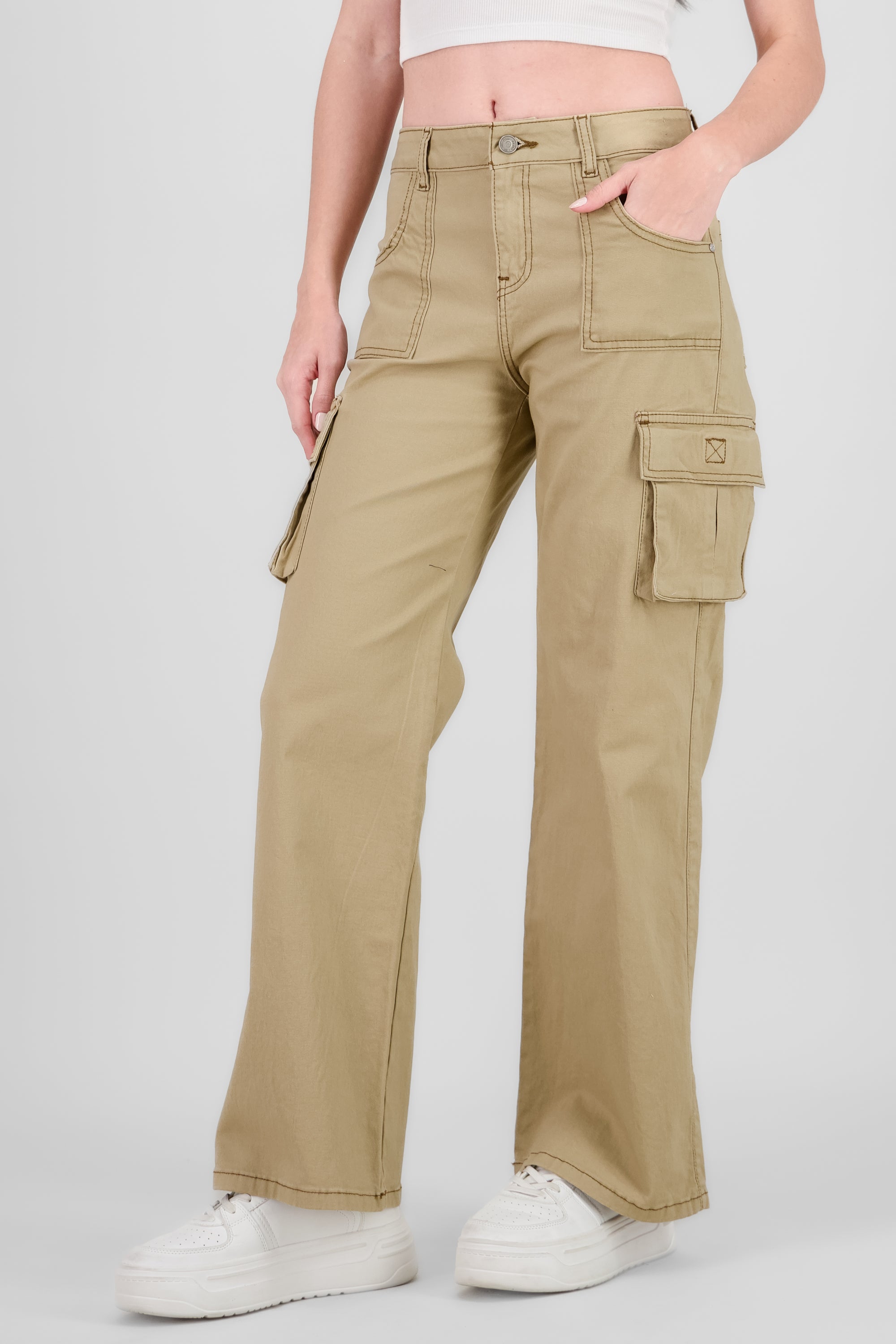 Jeans cargo wide leg lisos KHAKI