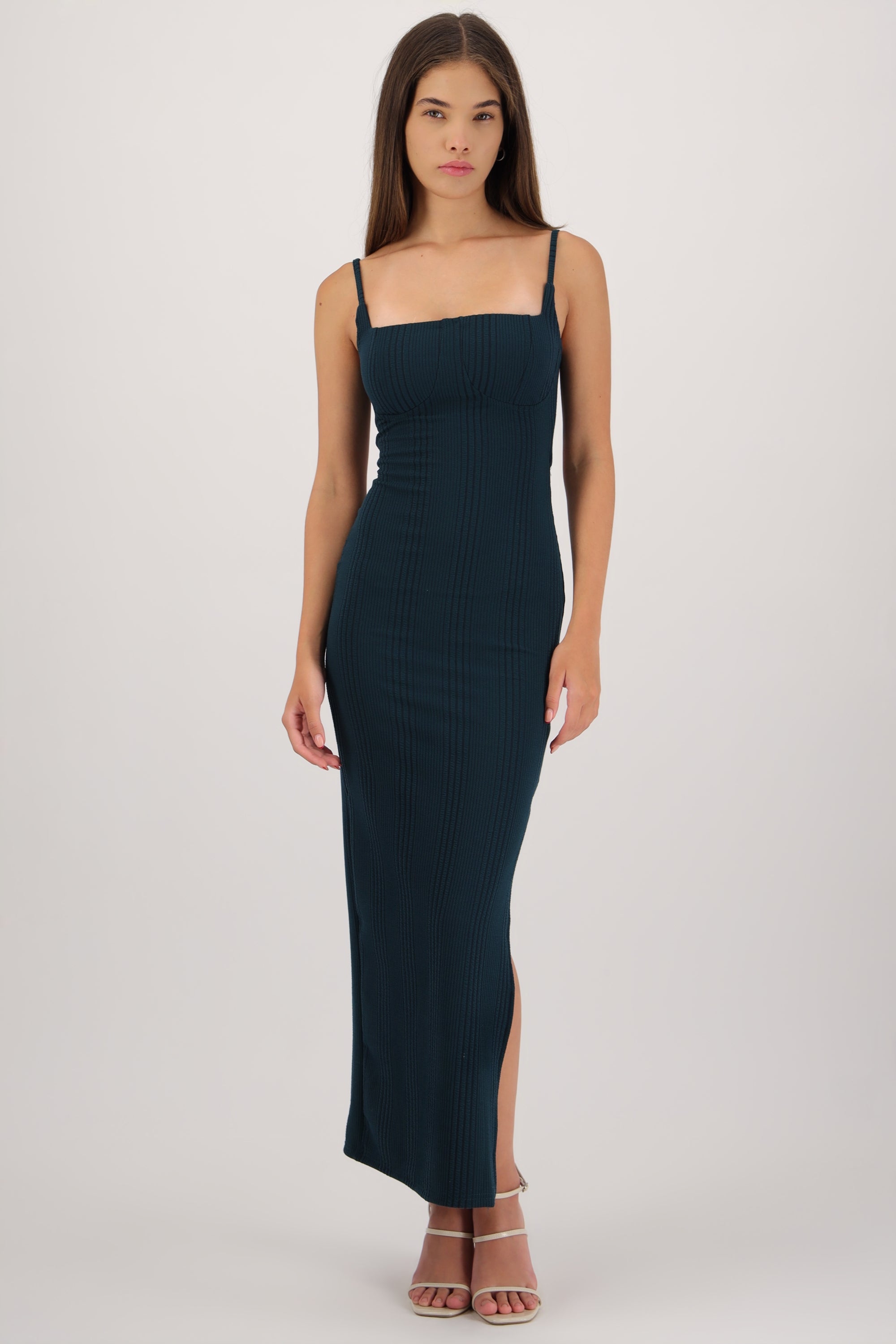 Vestido maxi copa textura VERDE CAZADOR