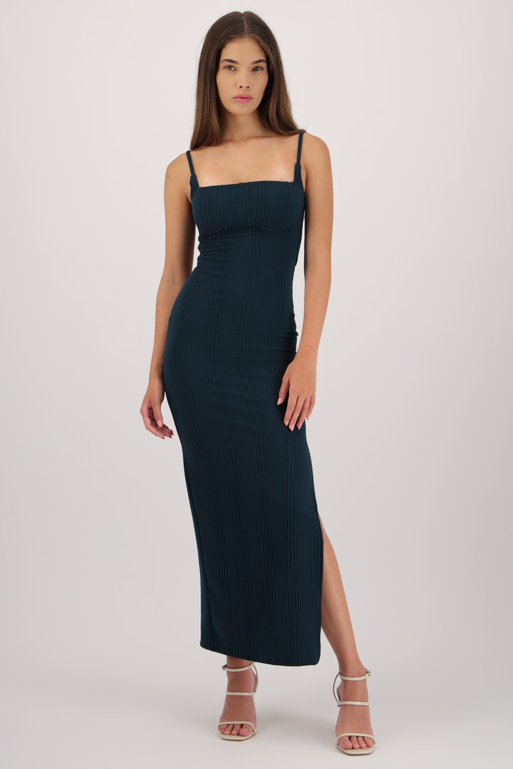 Vestido maxi copa textura VERDE CAZADOR
