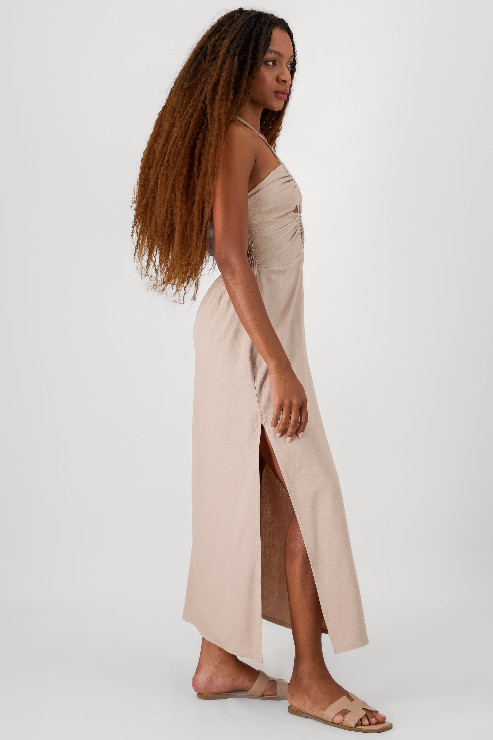 Vestido midi cut out lino BEIGE