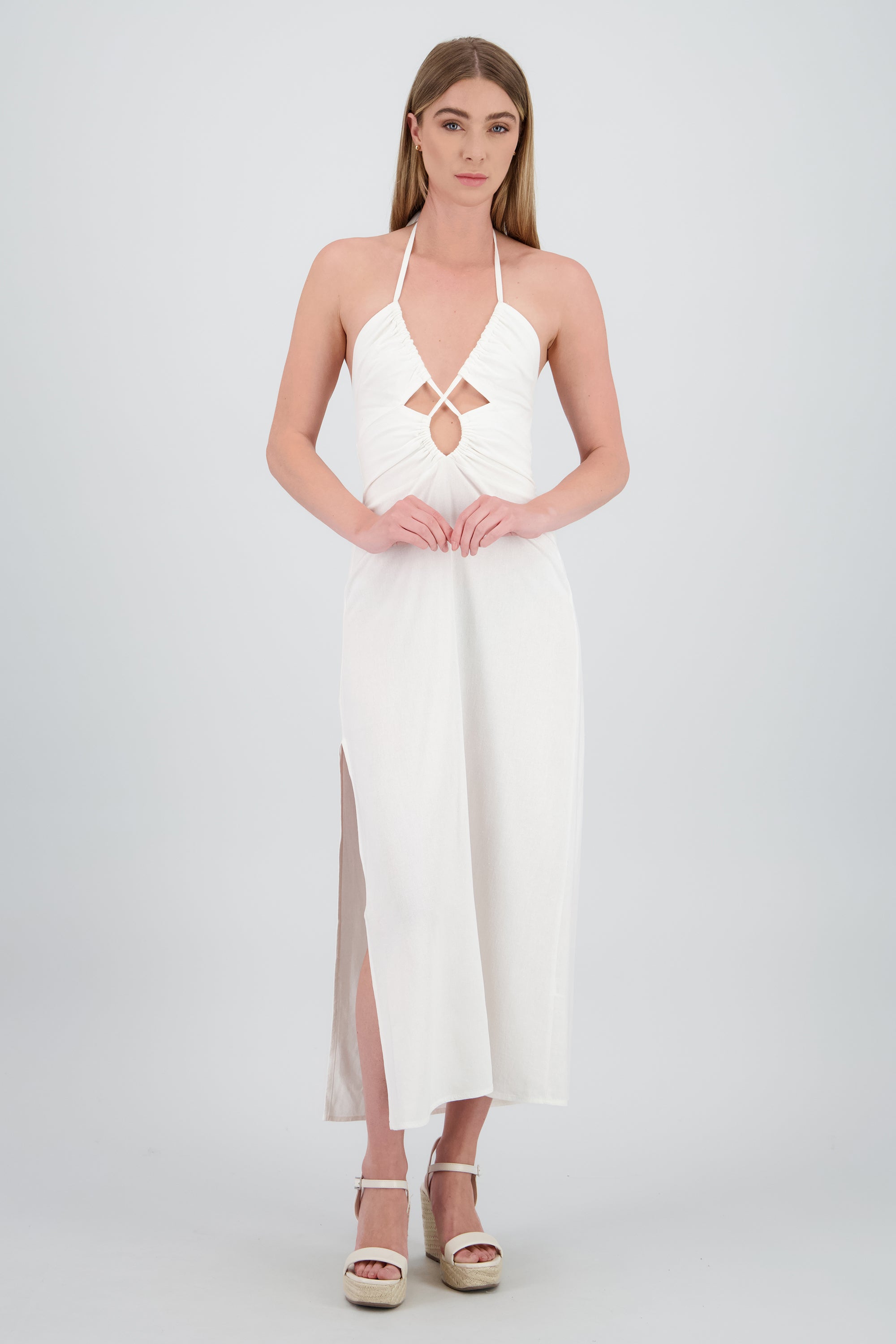 Vestido midi cut out lino