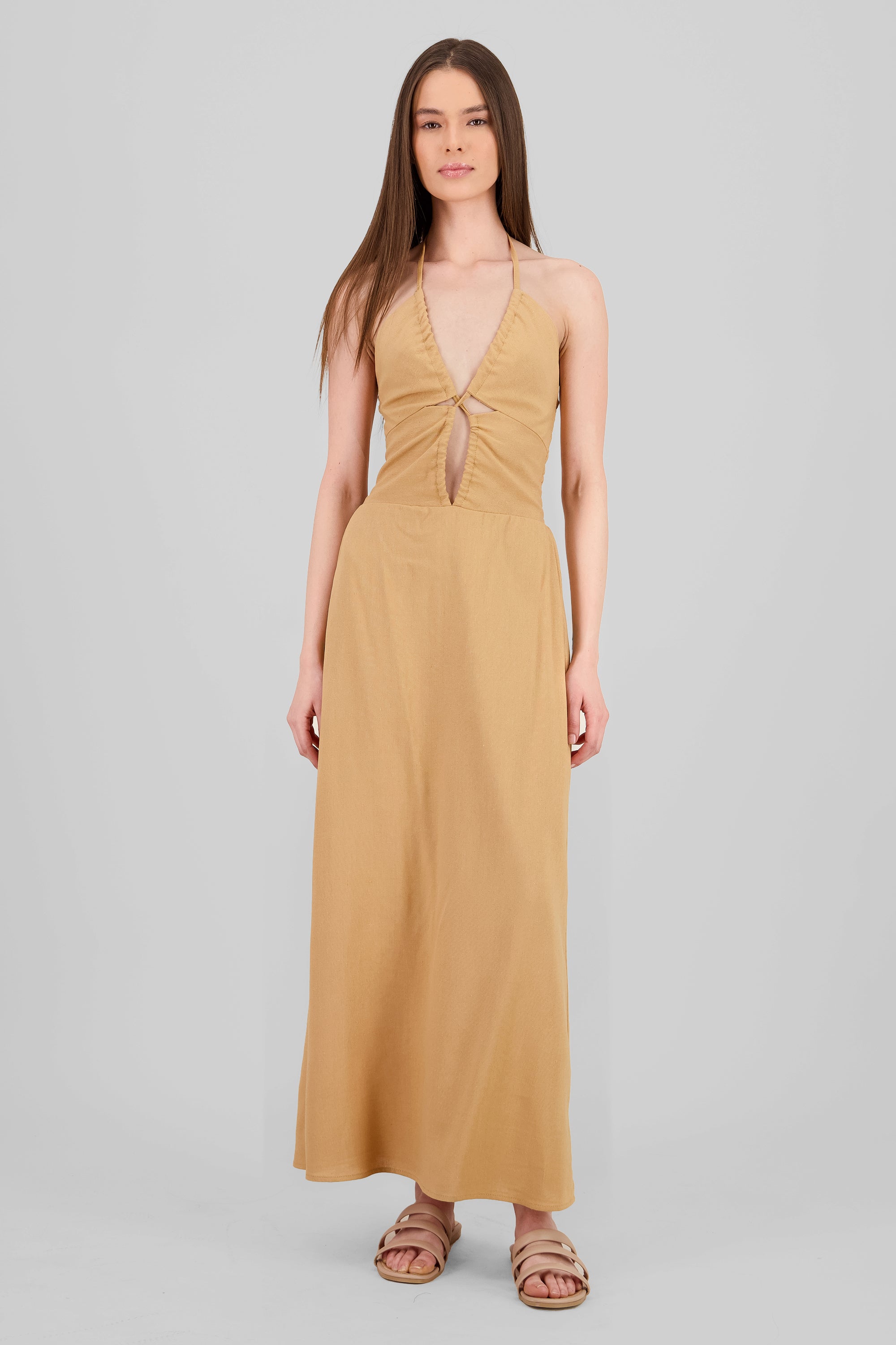 Vestido midi cut out lino KHAKI