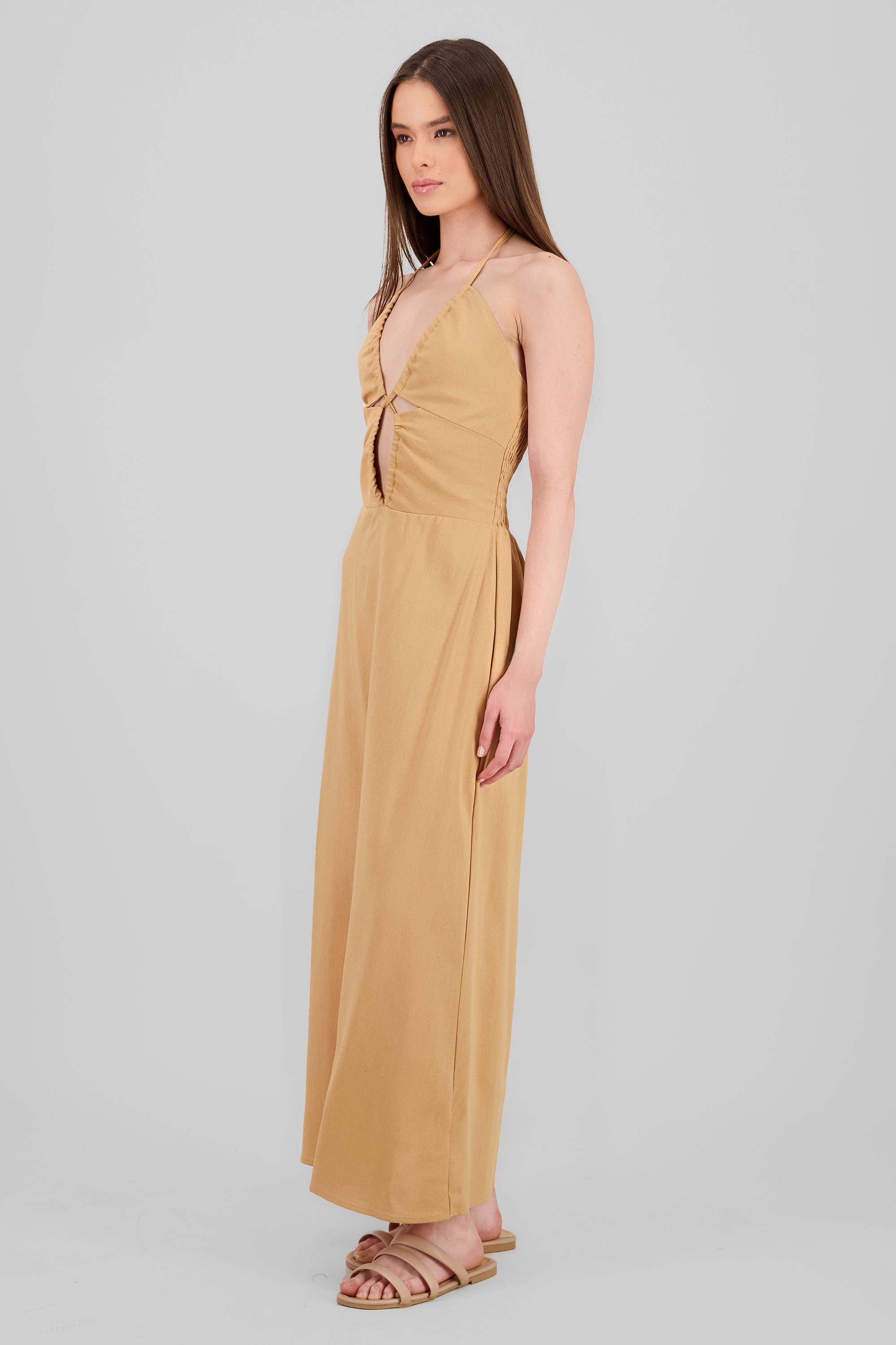 Vestido midi cut out lino KHAKI