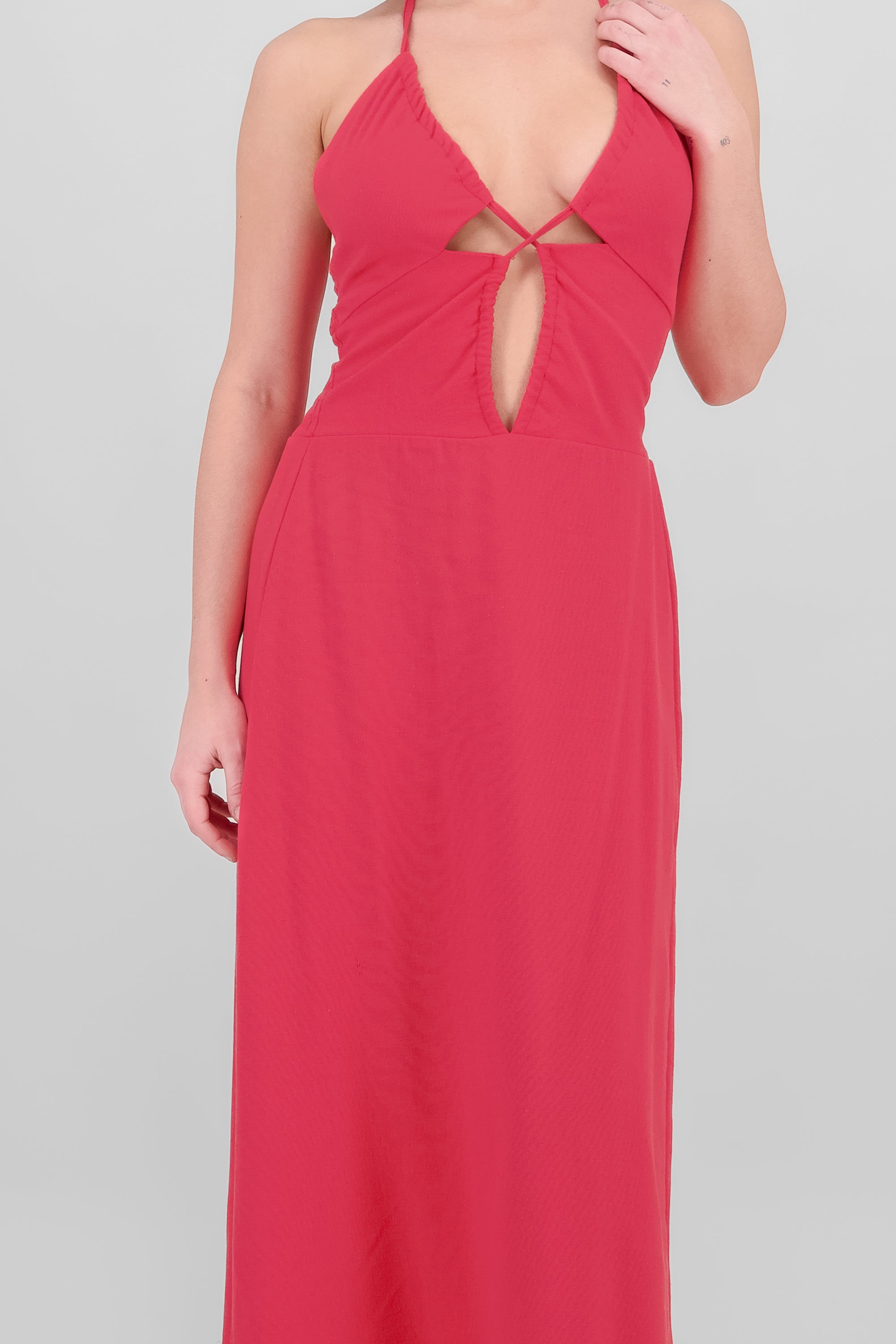 Vestido midi cut out lino ROJO