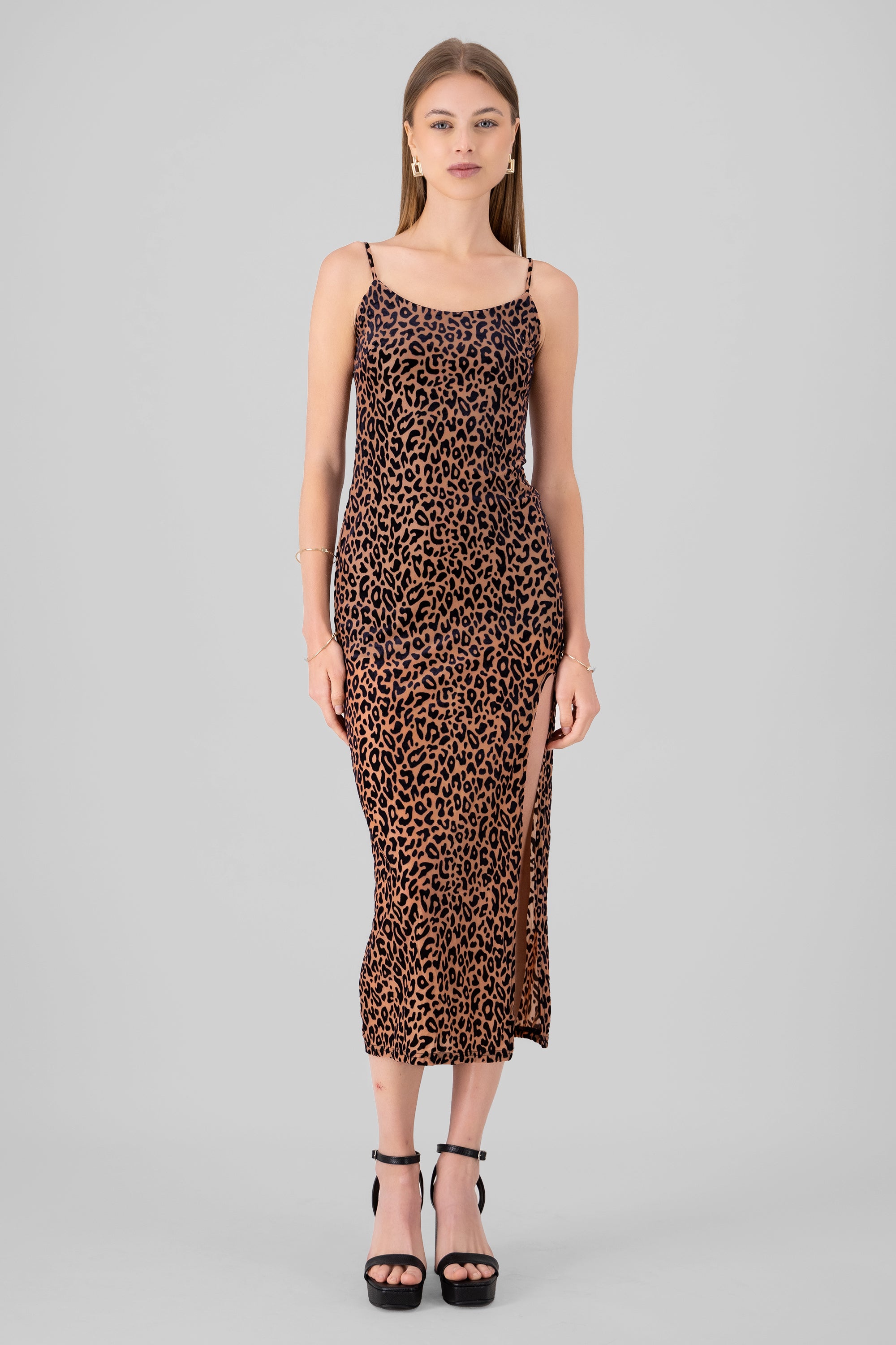 Vestido midi animal print mesh flock NEGRO COMBO