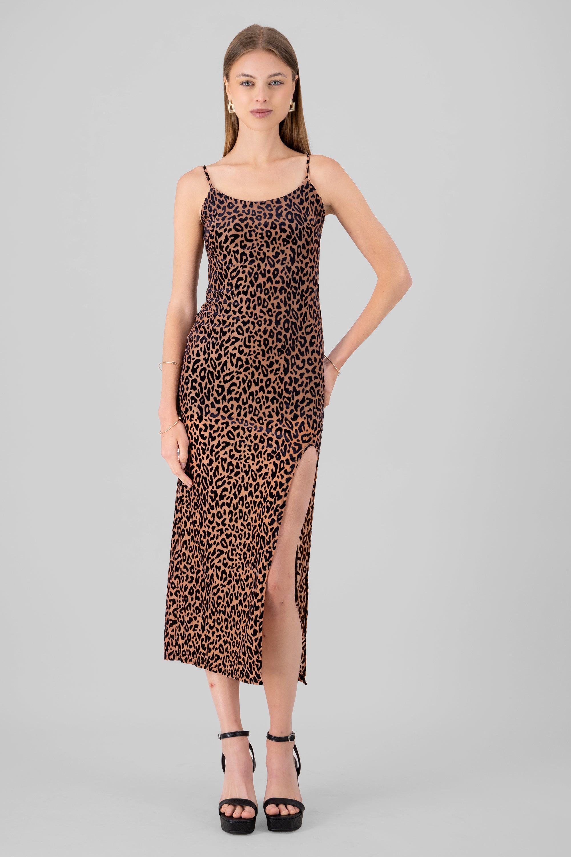 Vestido midi animal print mesh flock NEGRO COMBO