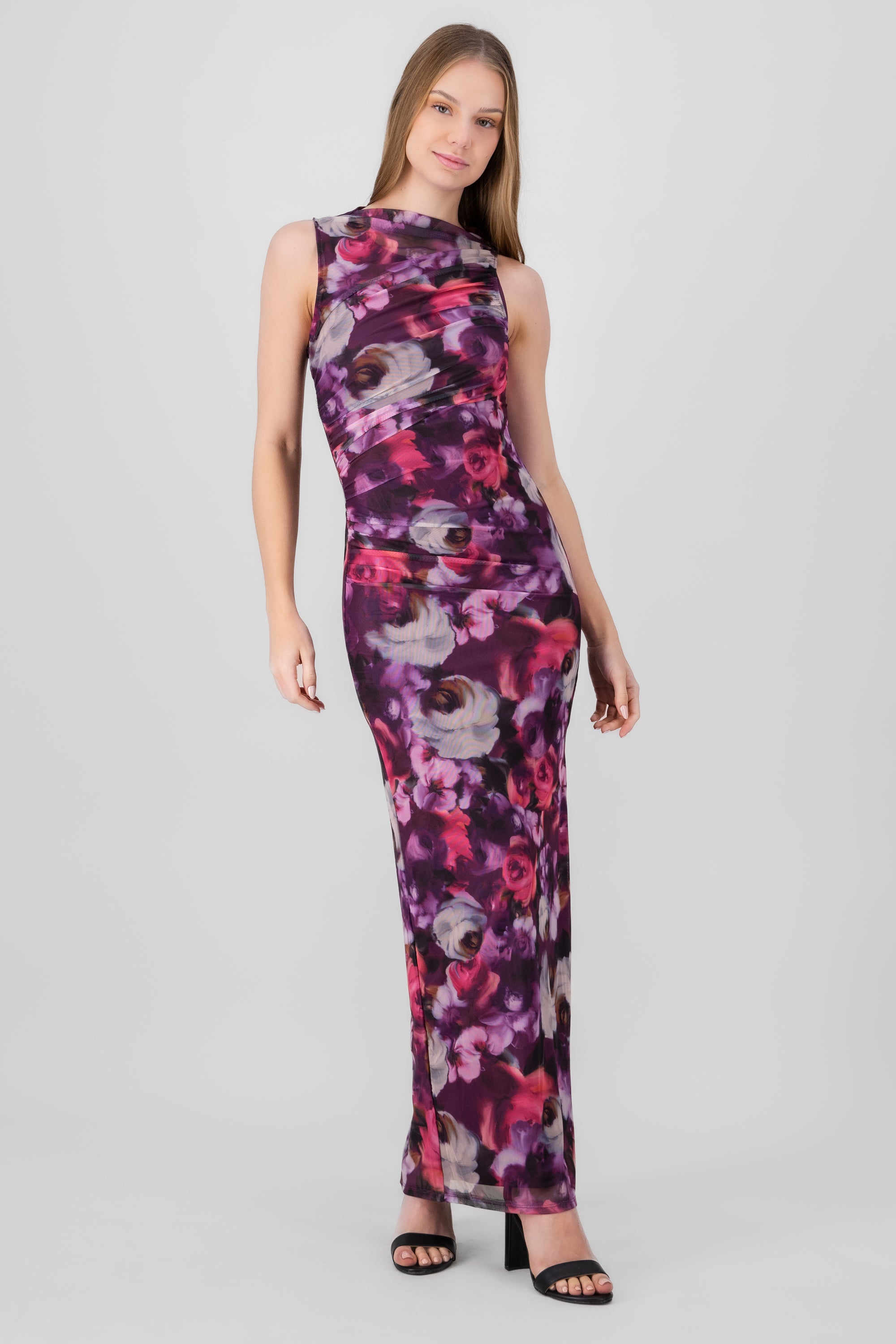 Vestido maxi mesh fruncido flores MORADO COMBO