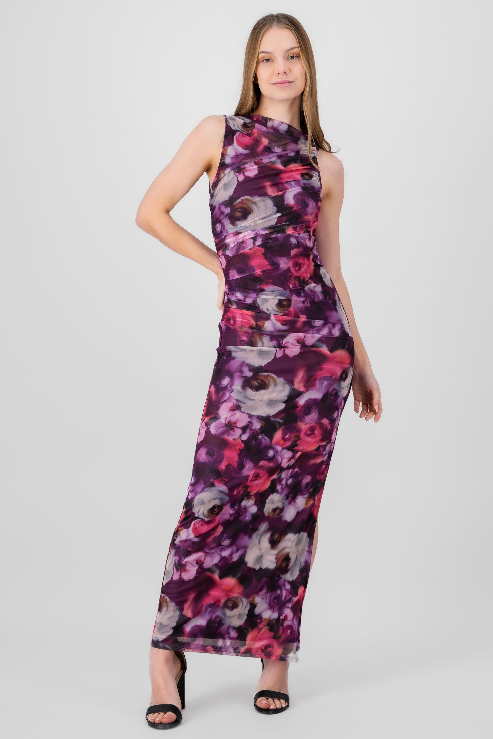 Vestido maxi mesh fruncido flores MORADO COMBO