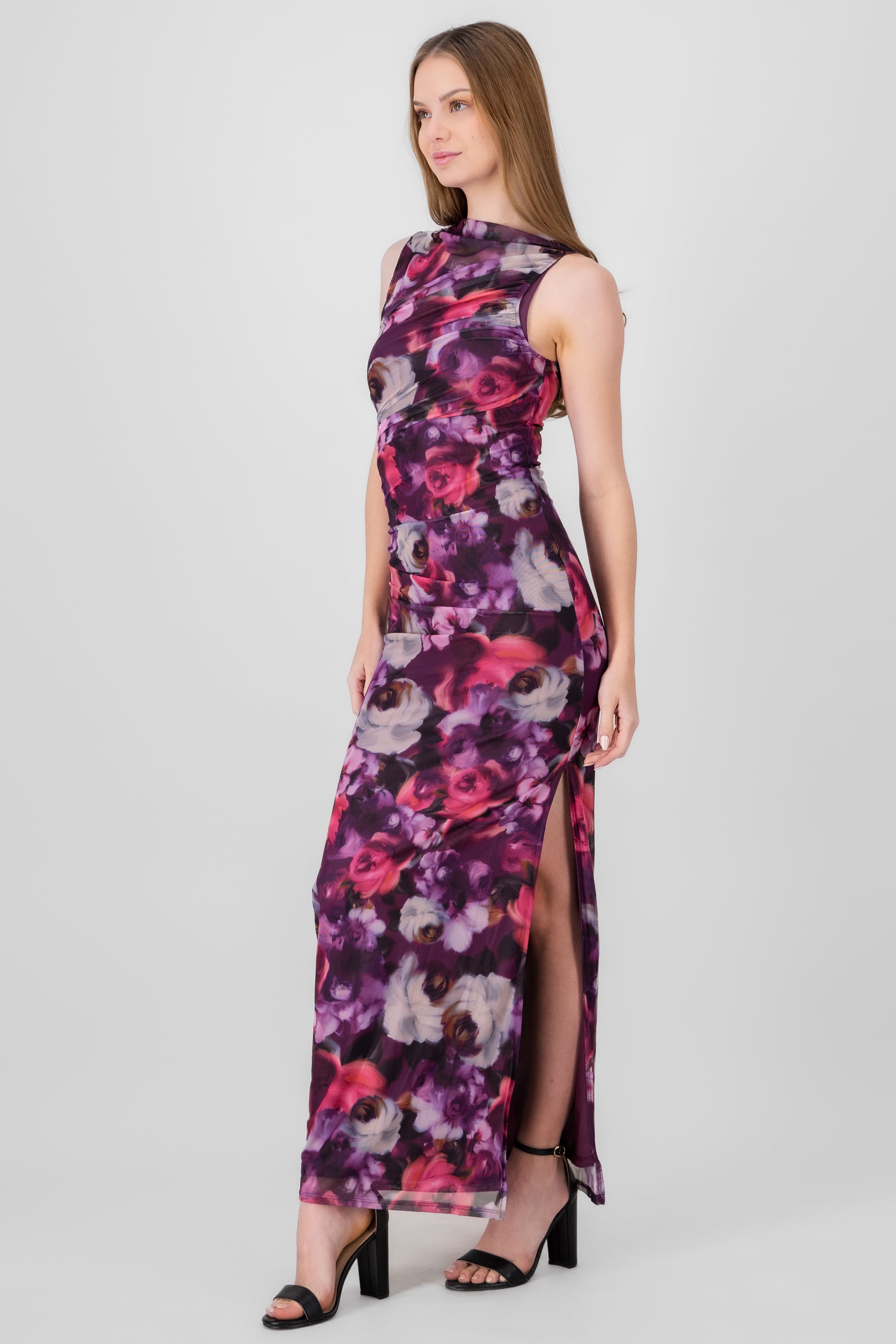 Vestido maxi mesh fruncido flores MORADO COMBO