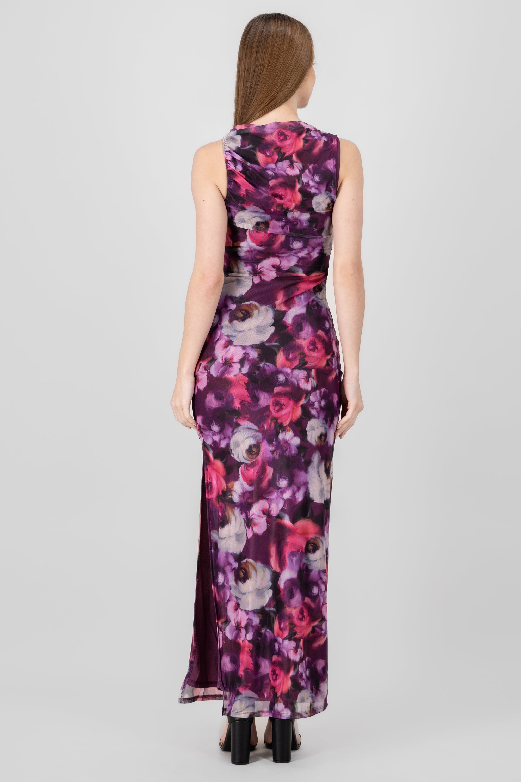 Vestido maxi mesh fruncido flores MORADO COMBO