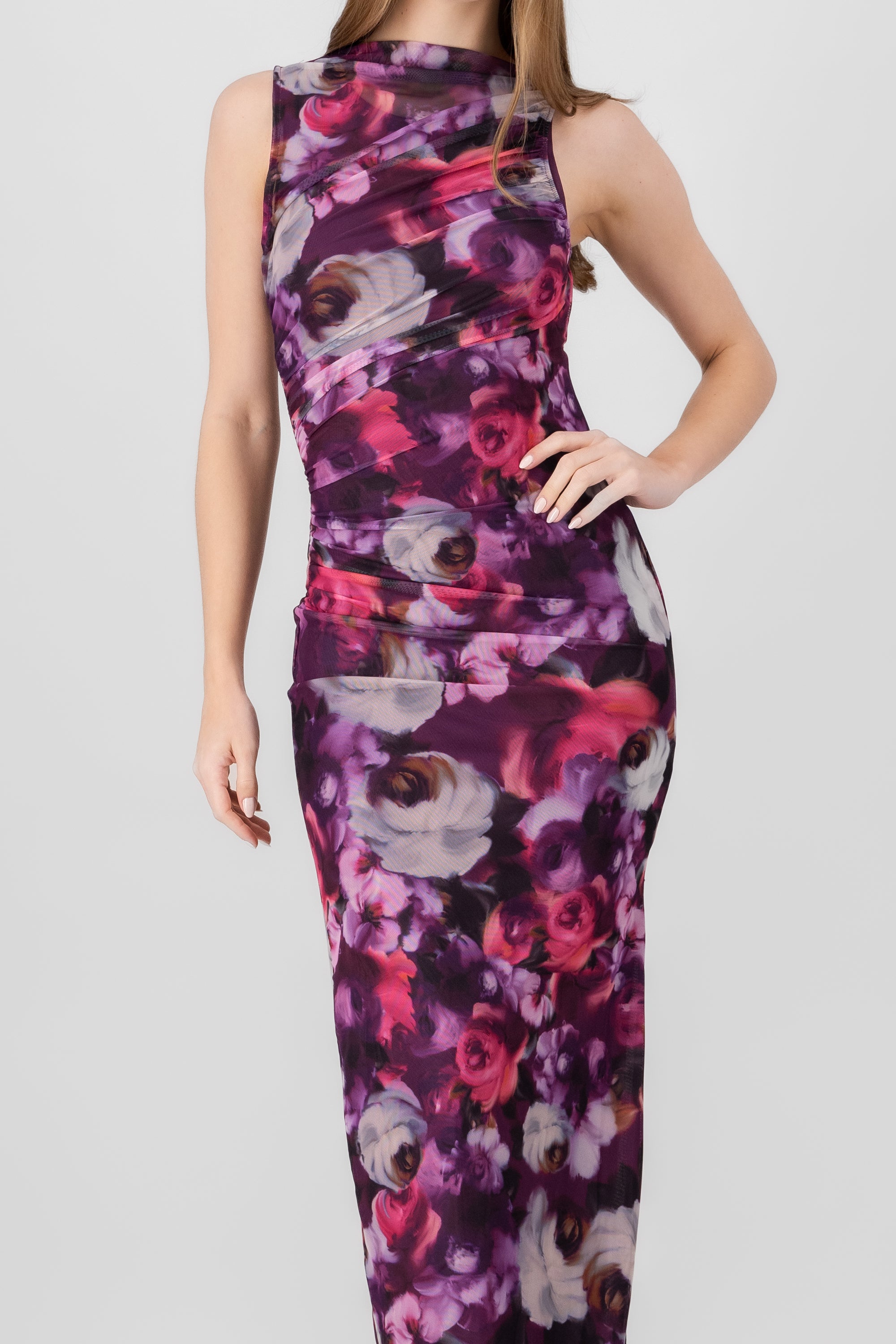 Vestido maxi mesh fruncido flores MORADO COMBO