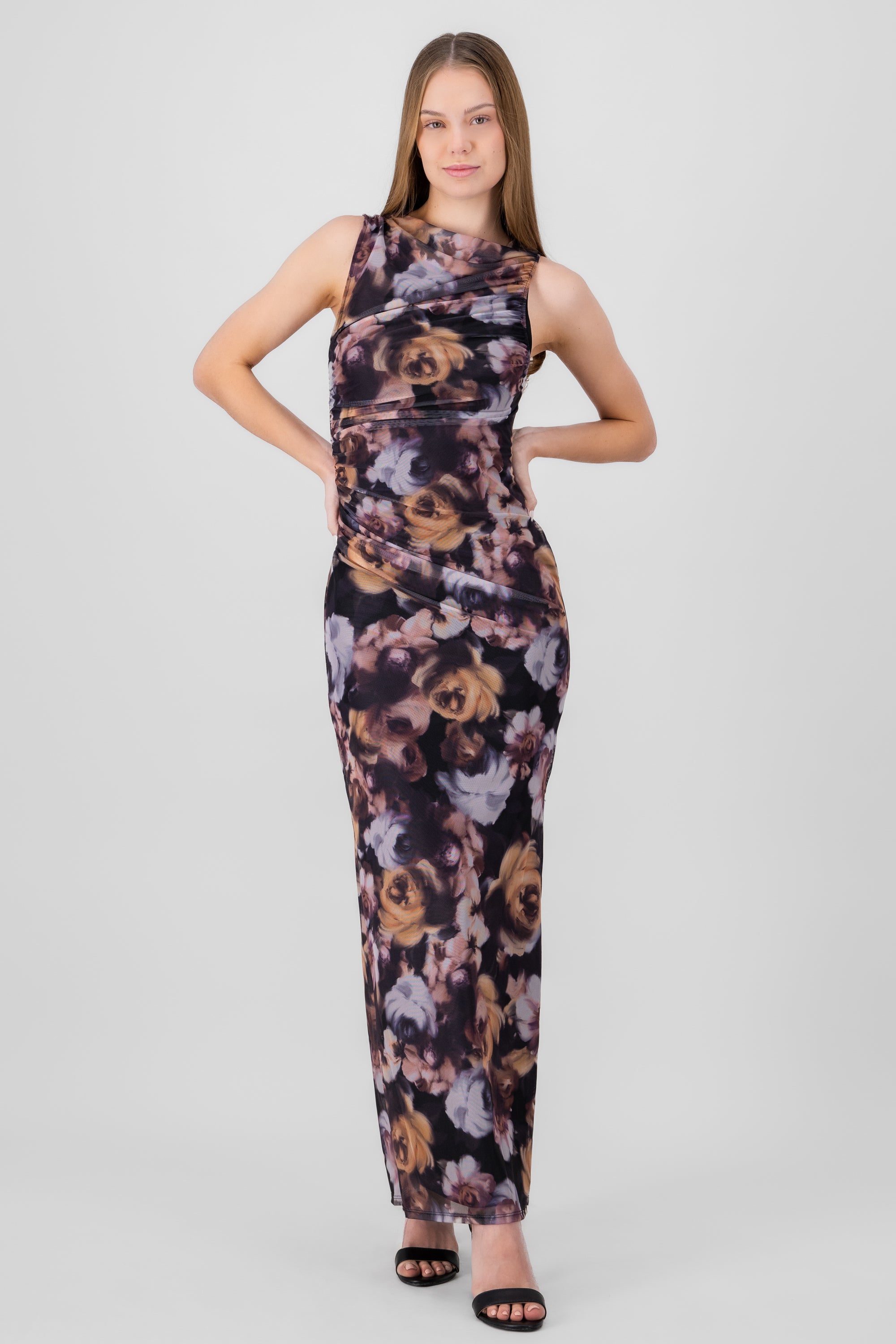 Vestido maxi mesh fruncido flores NEGRO COMBO