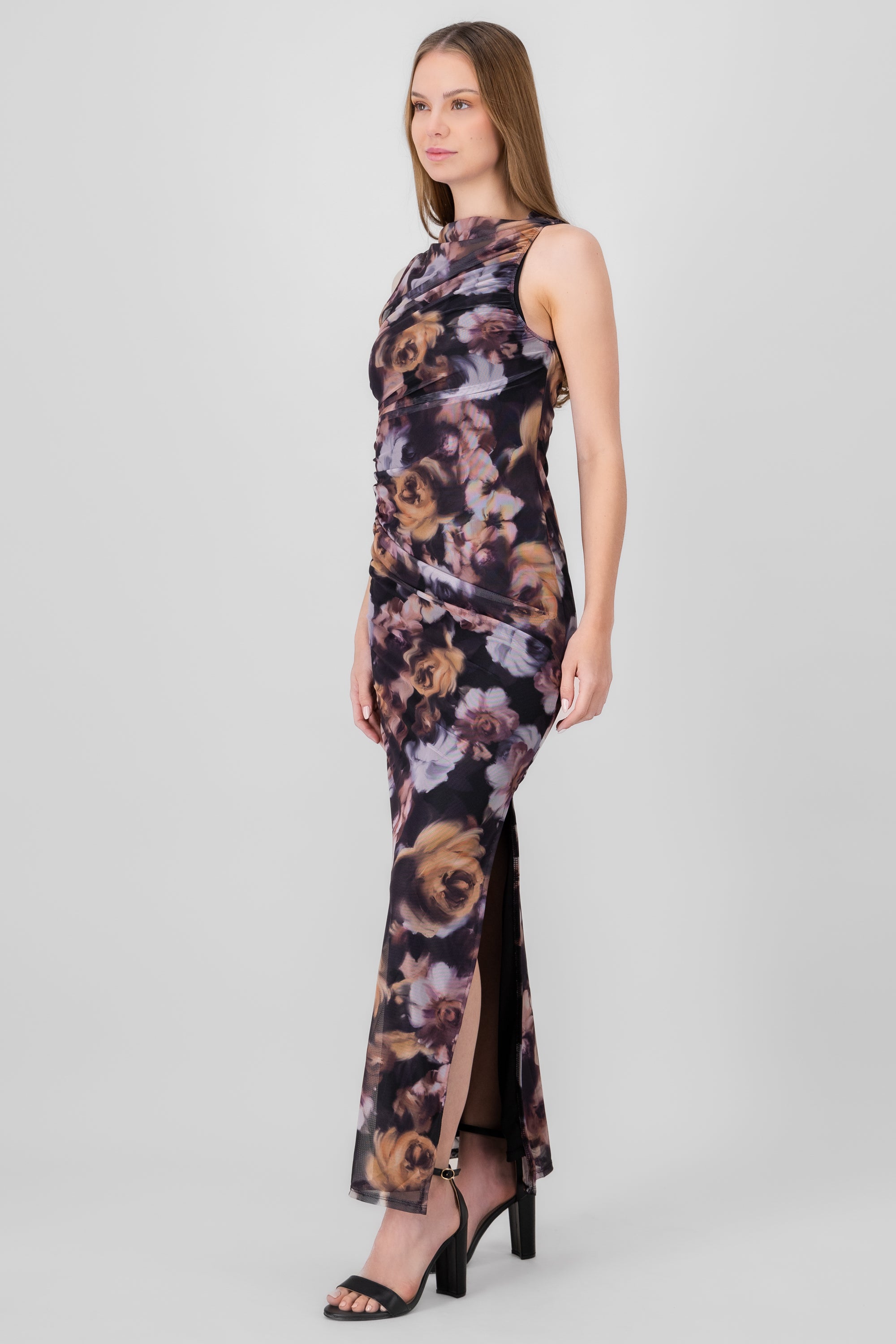 Vestido maxi mesh fruncido flores NEGRO COMBO