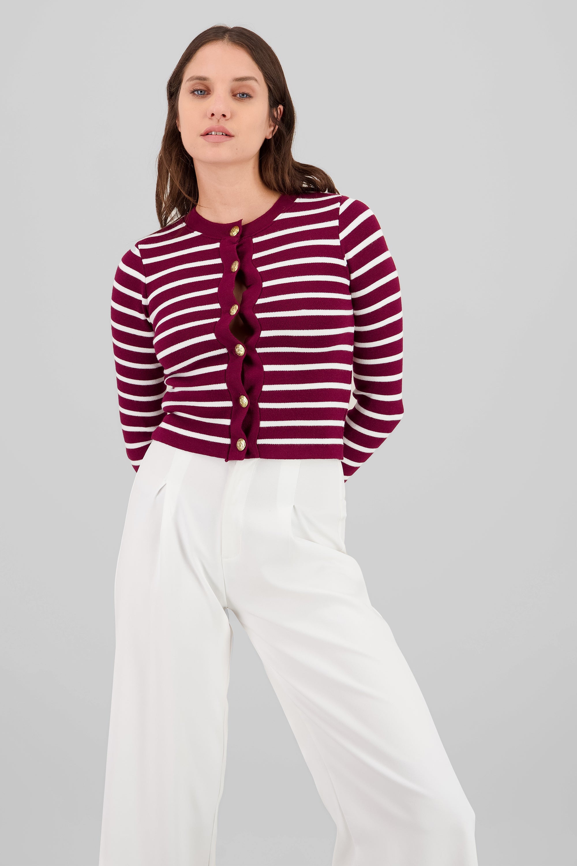 Cardigan rayas viscosa con boton Hypsters VINO COMBO