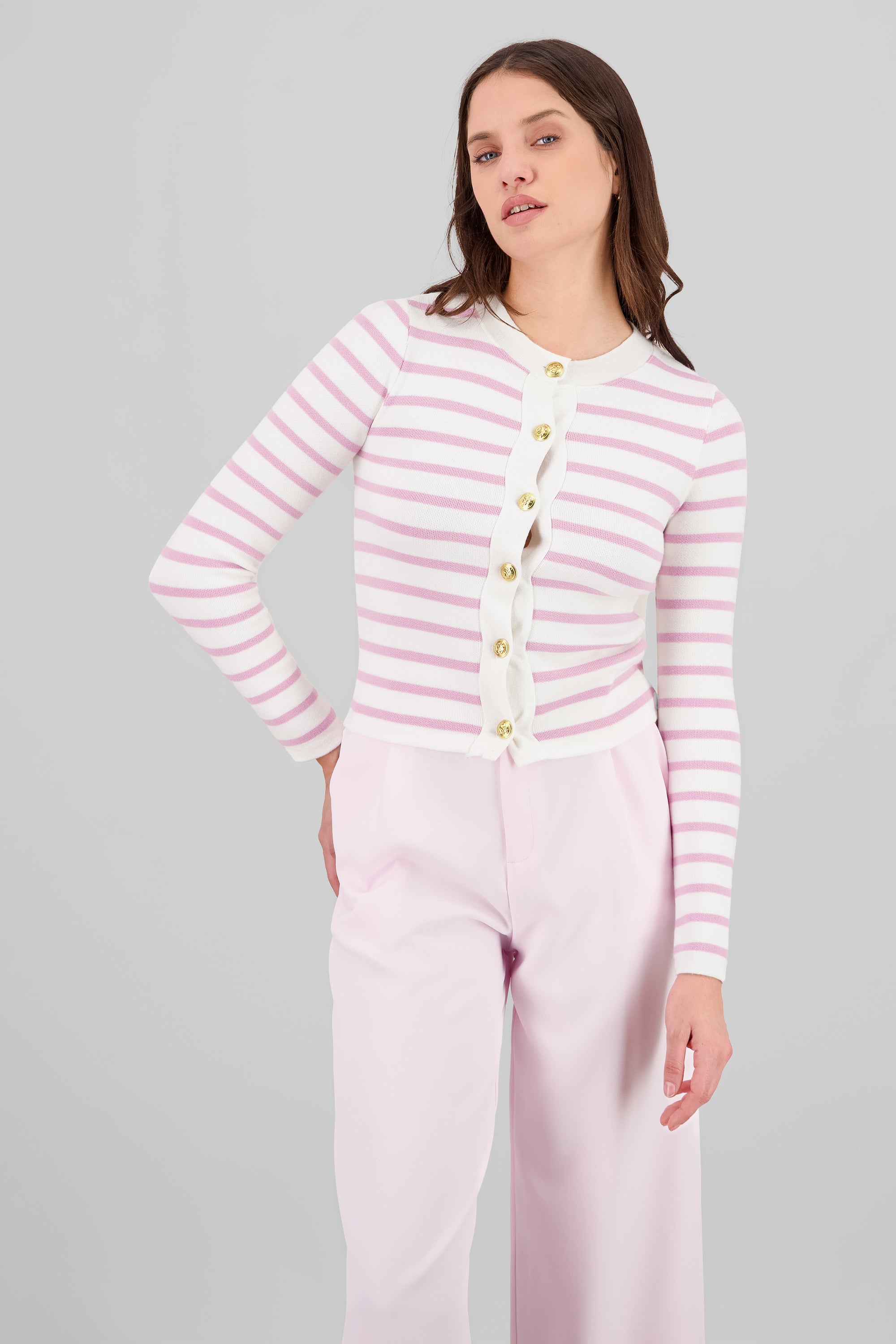 Cardigan rayas viscosa con boton Hypsters ROSA COMBO