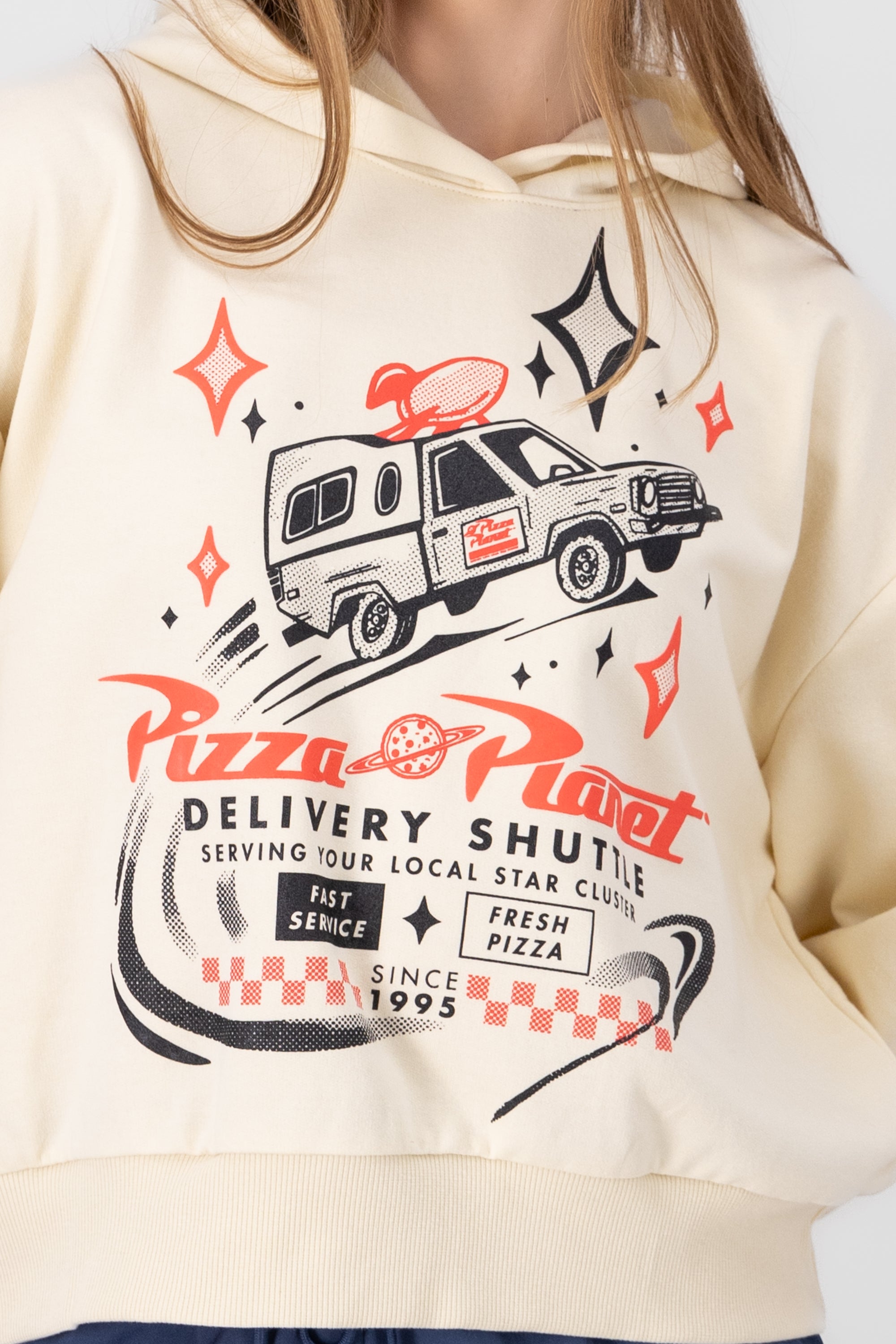 Sudadera pizza planeta con gorro CREMA