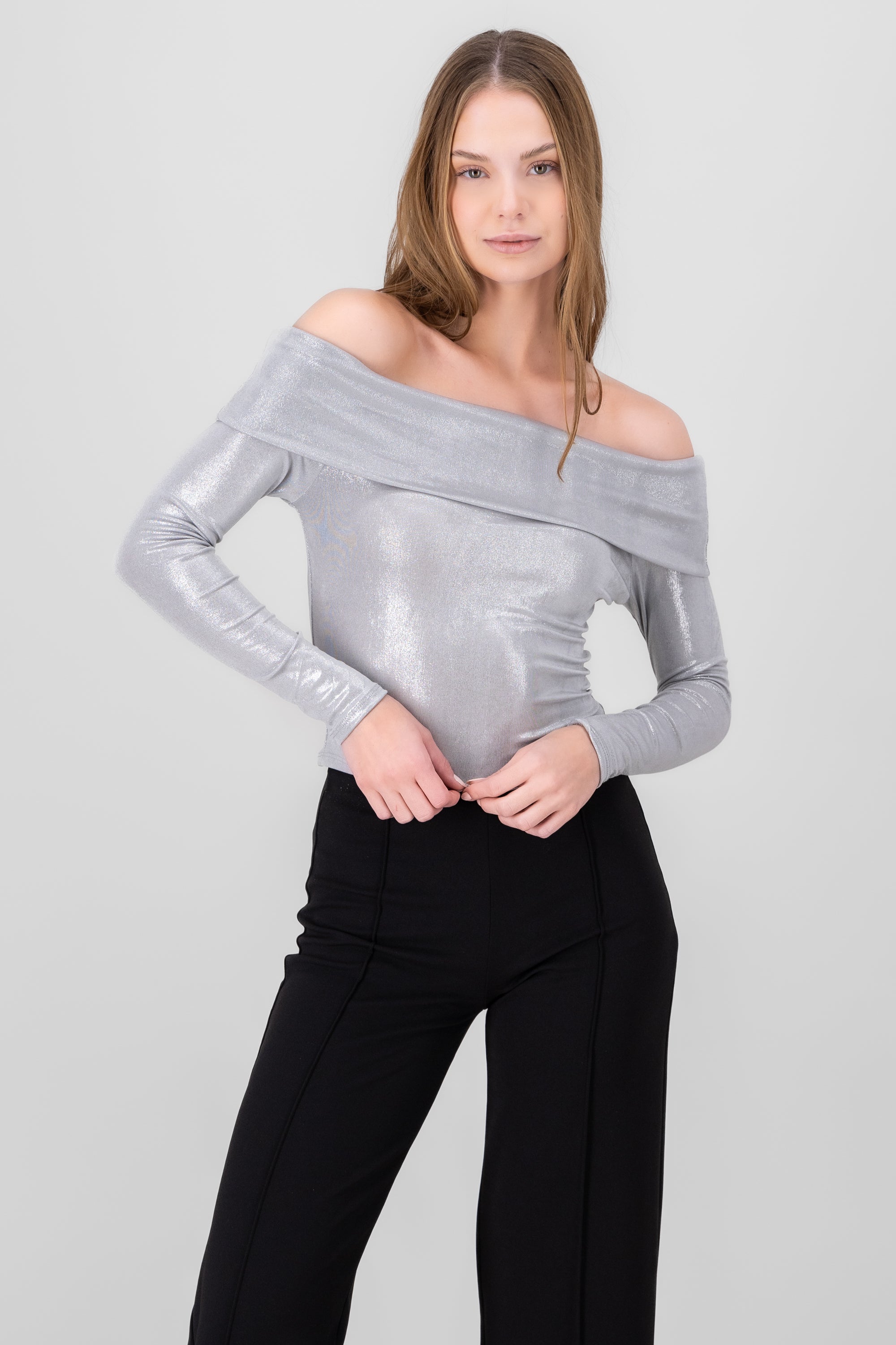 Blusa sin hombros brillos PLATA