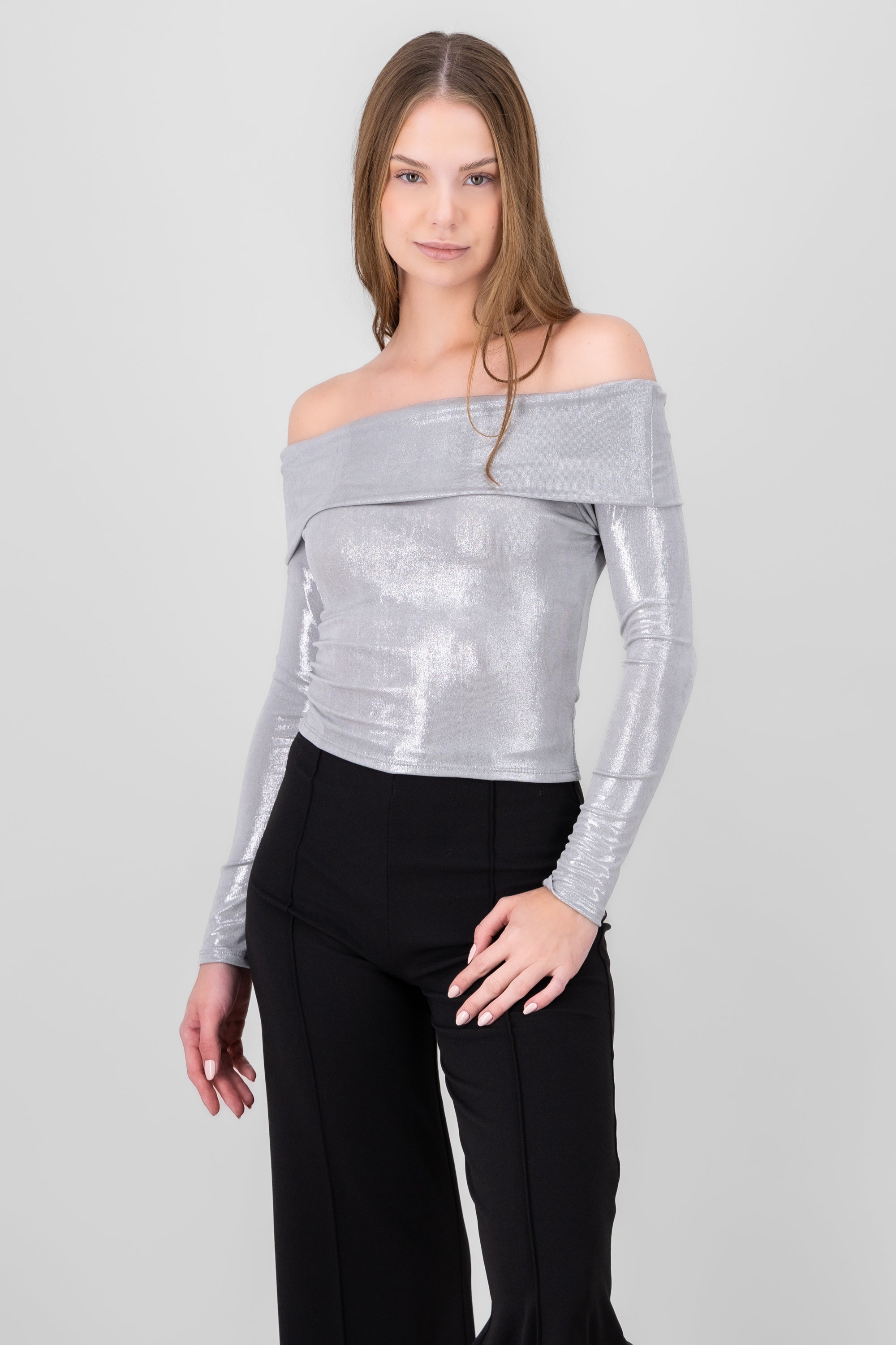 Blusa sin hombros brillos PLATA