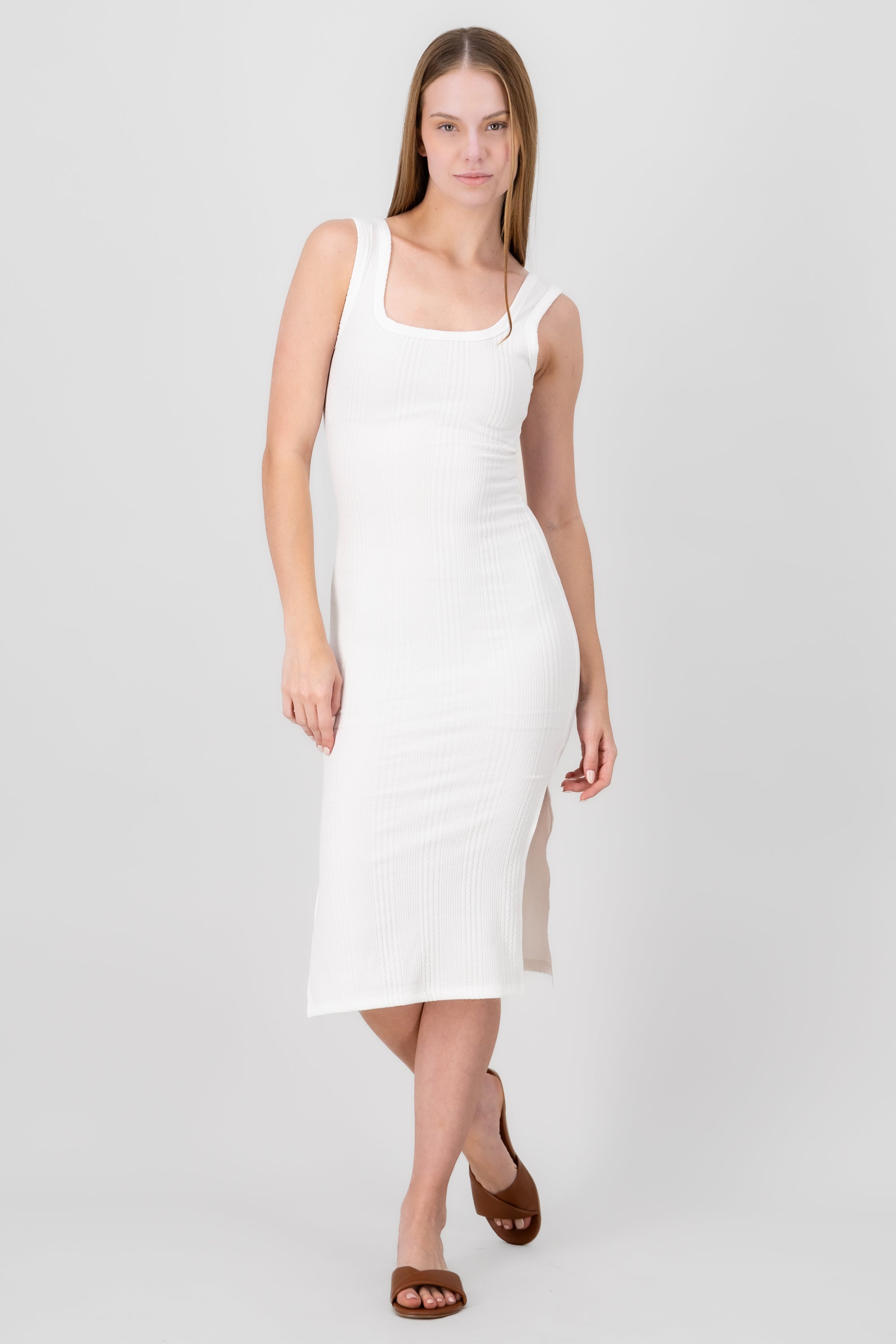 Vestido midi tirantes textura BLANCO