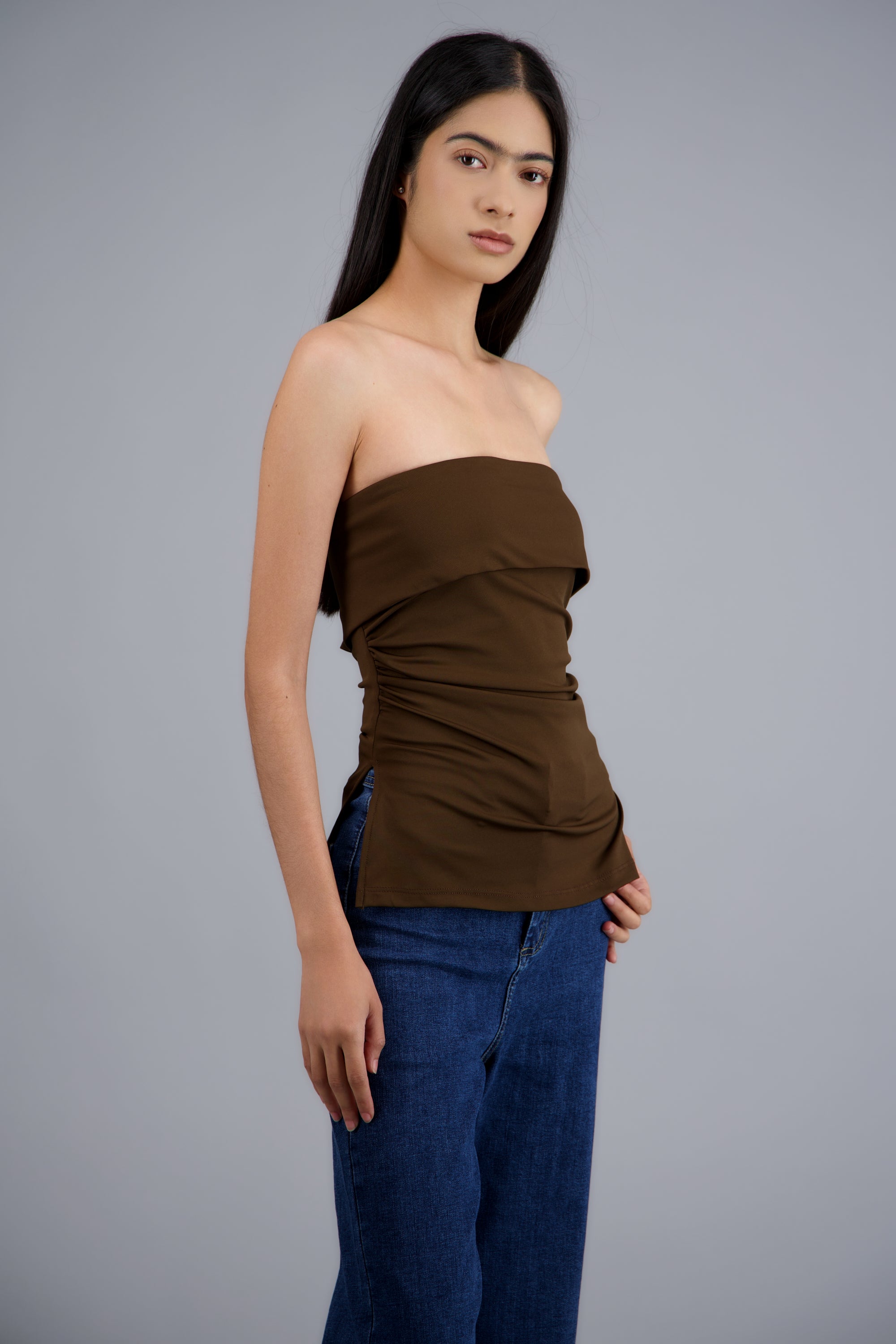top tubo con dobles escote CHOCOLATE