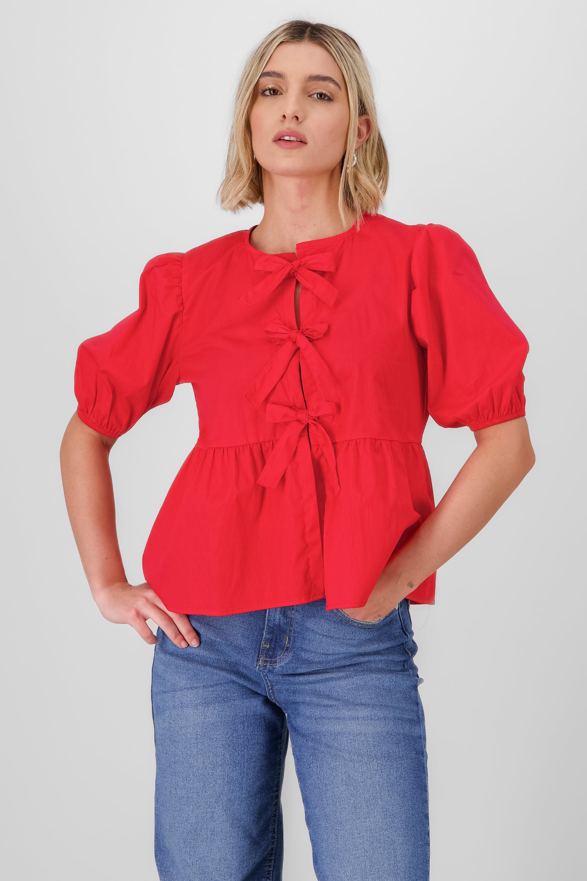 Blusa mangas abullonadas detalle moños ROJO