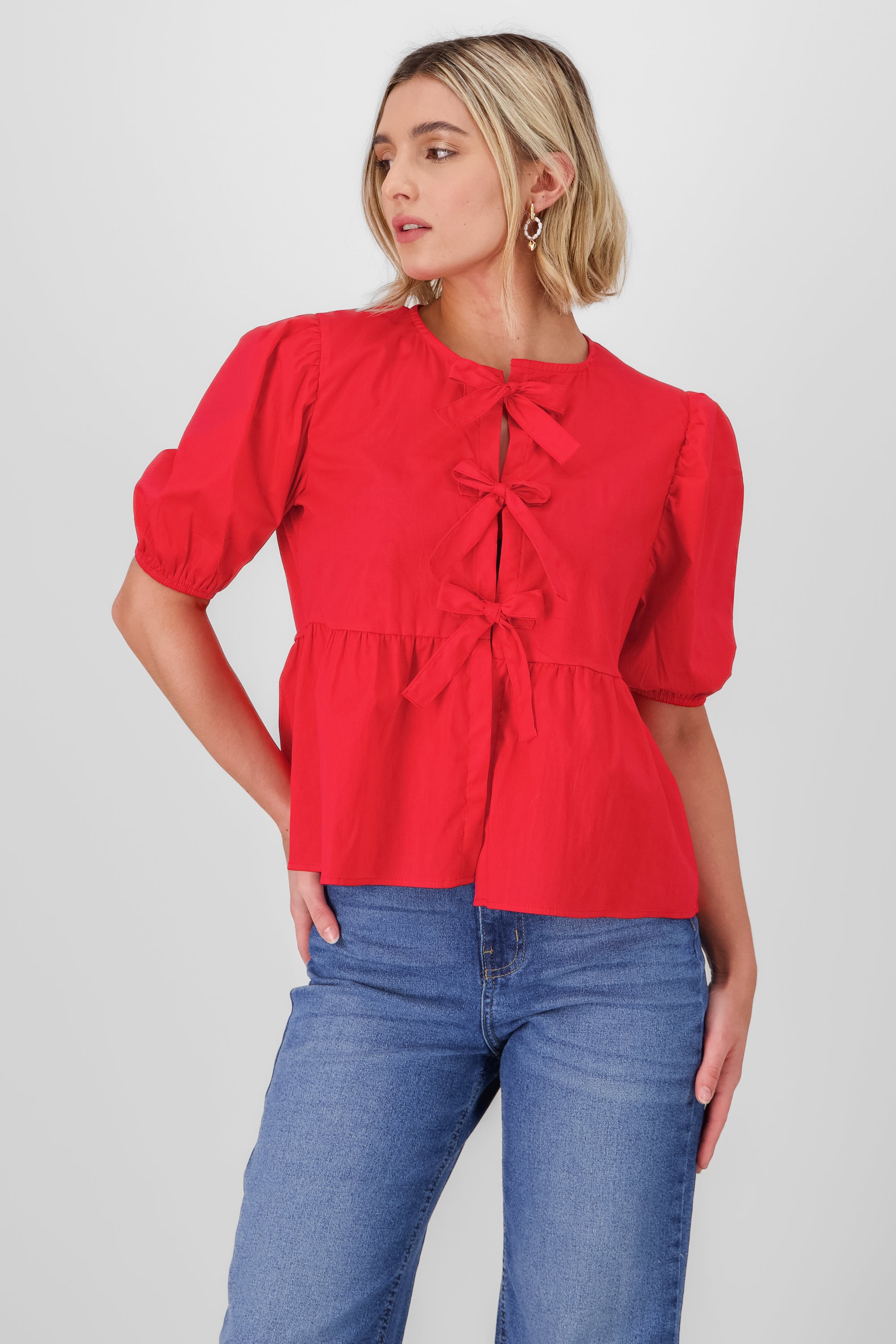 Blusa mangas abullonadas detalle moños ROJO