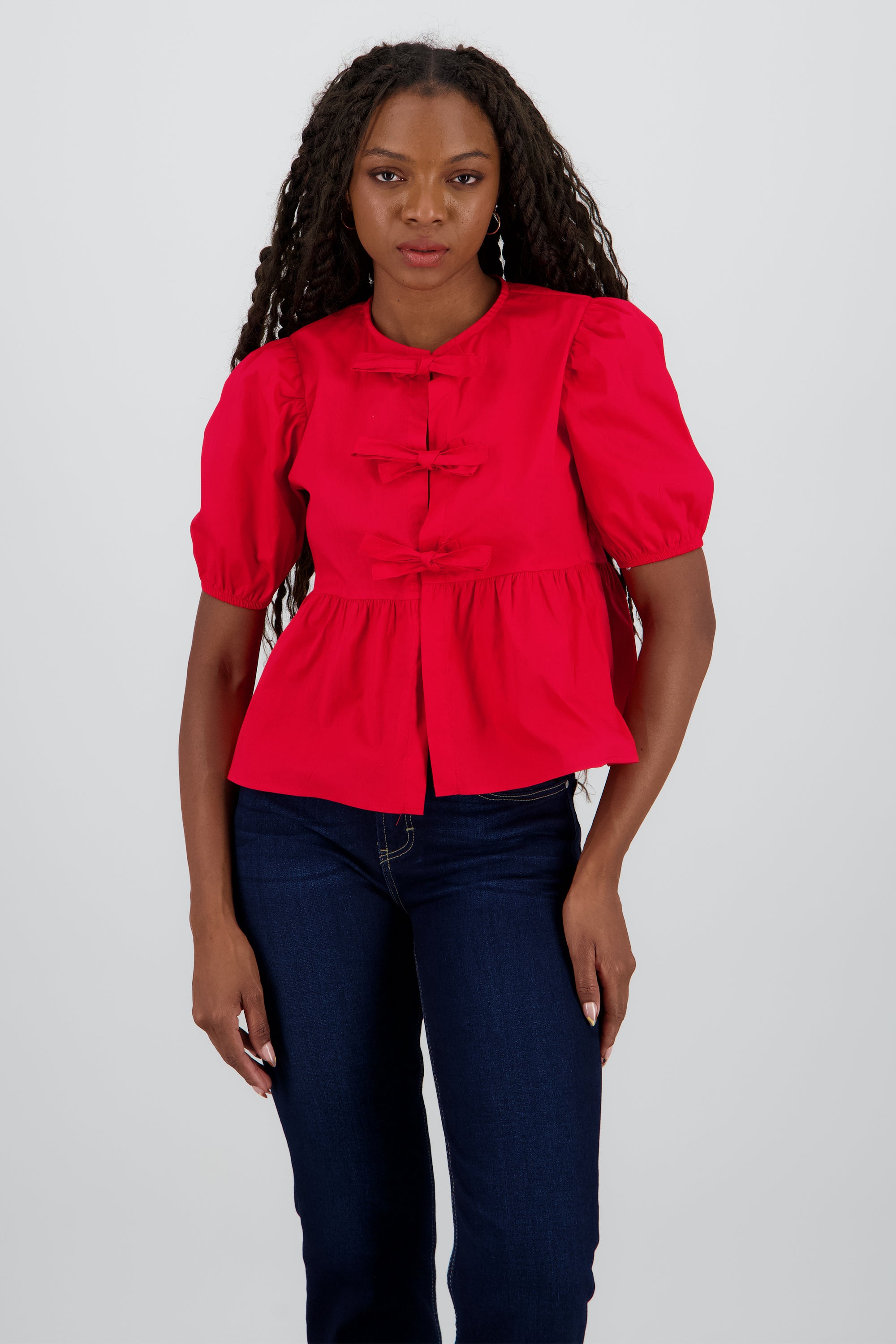 Blusa mangas abullonadas detalle moños ROJO