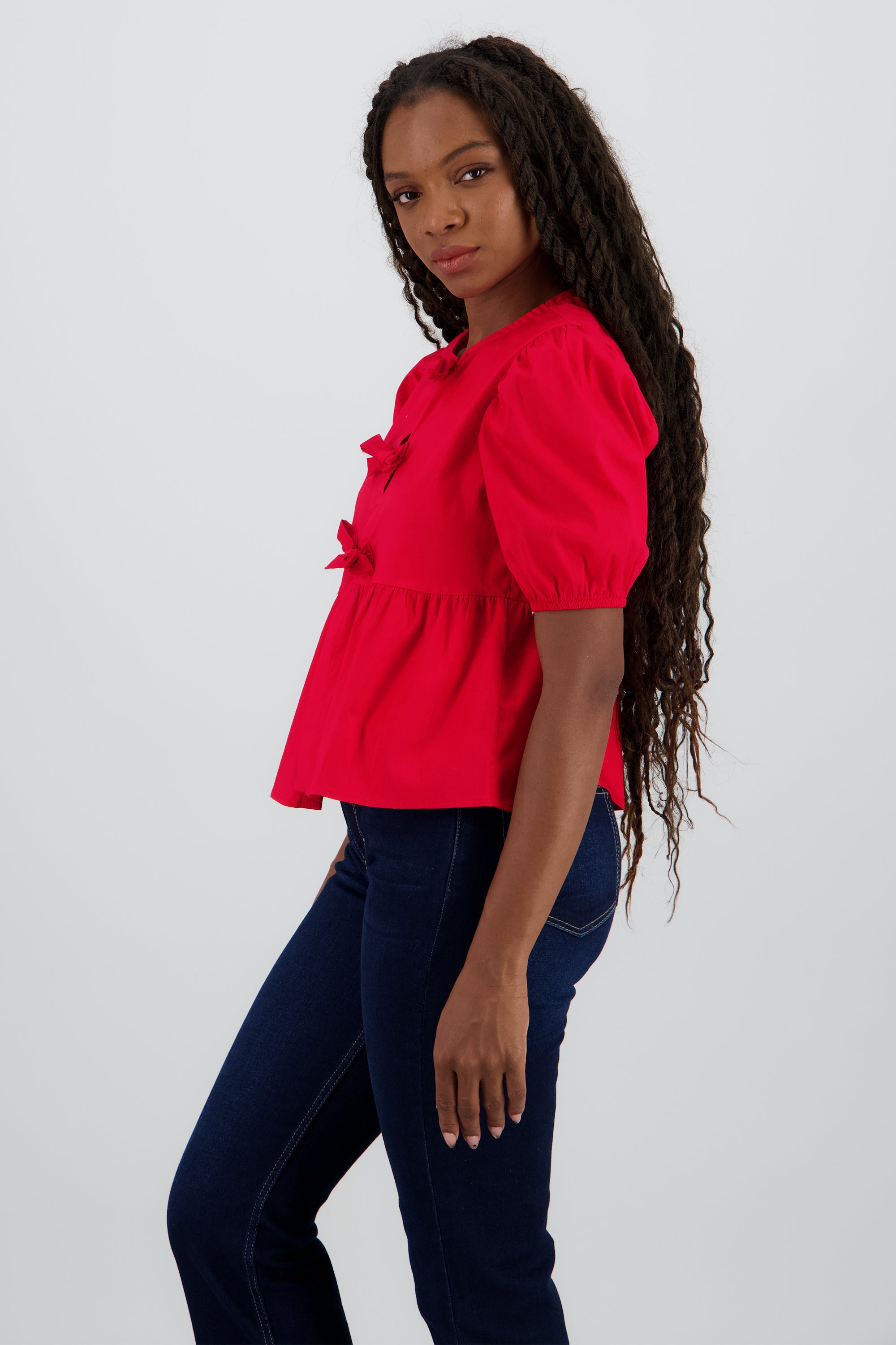 Blusa mangas abullonadas detalle moños ROJO