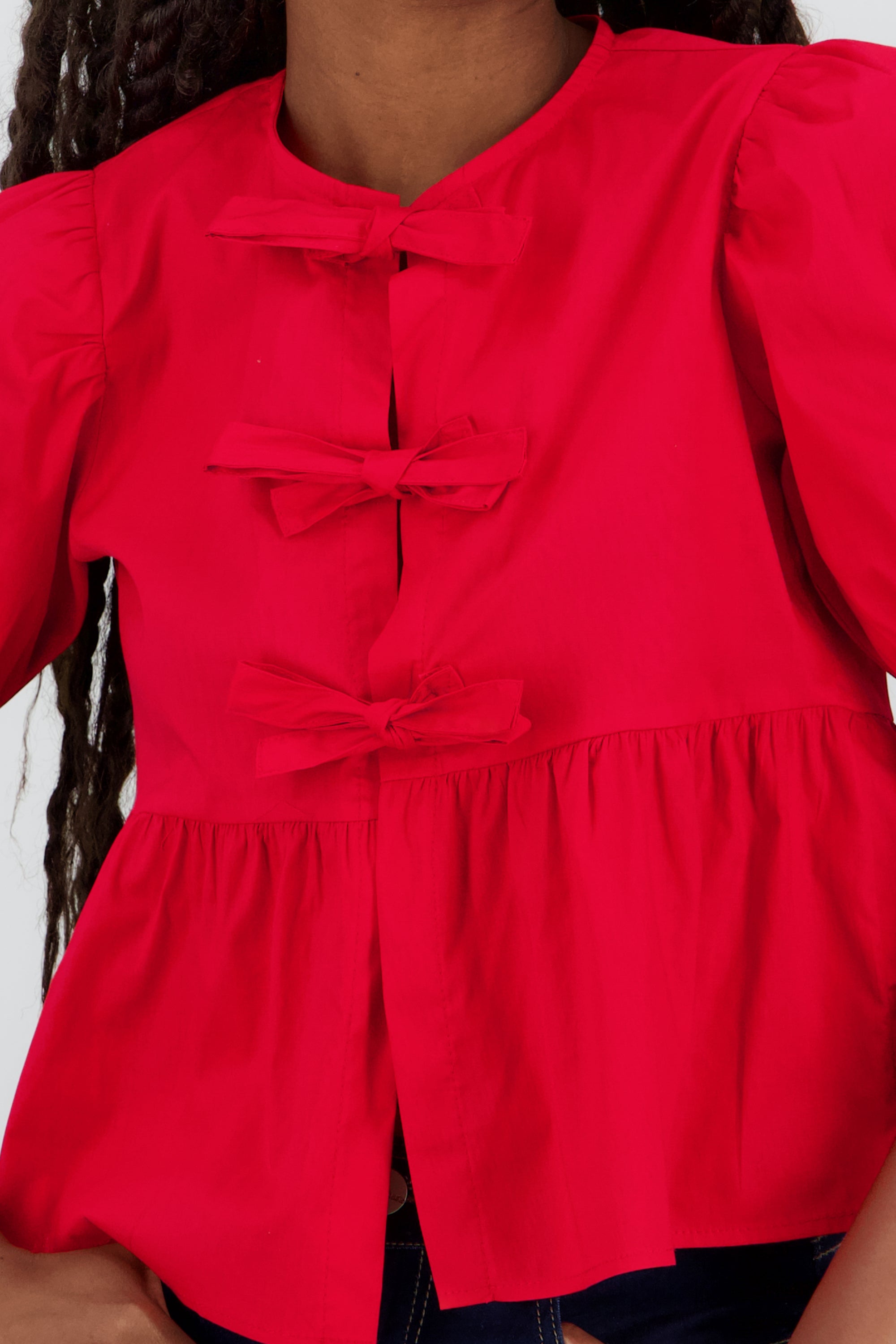 Blusa mangas abullonadas detalle moños ROJO