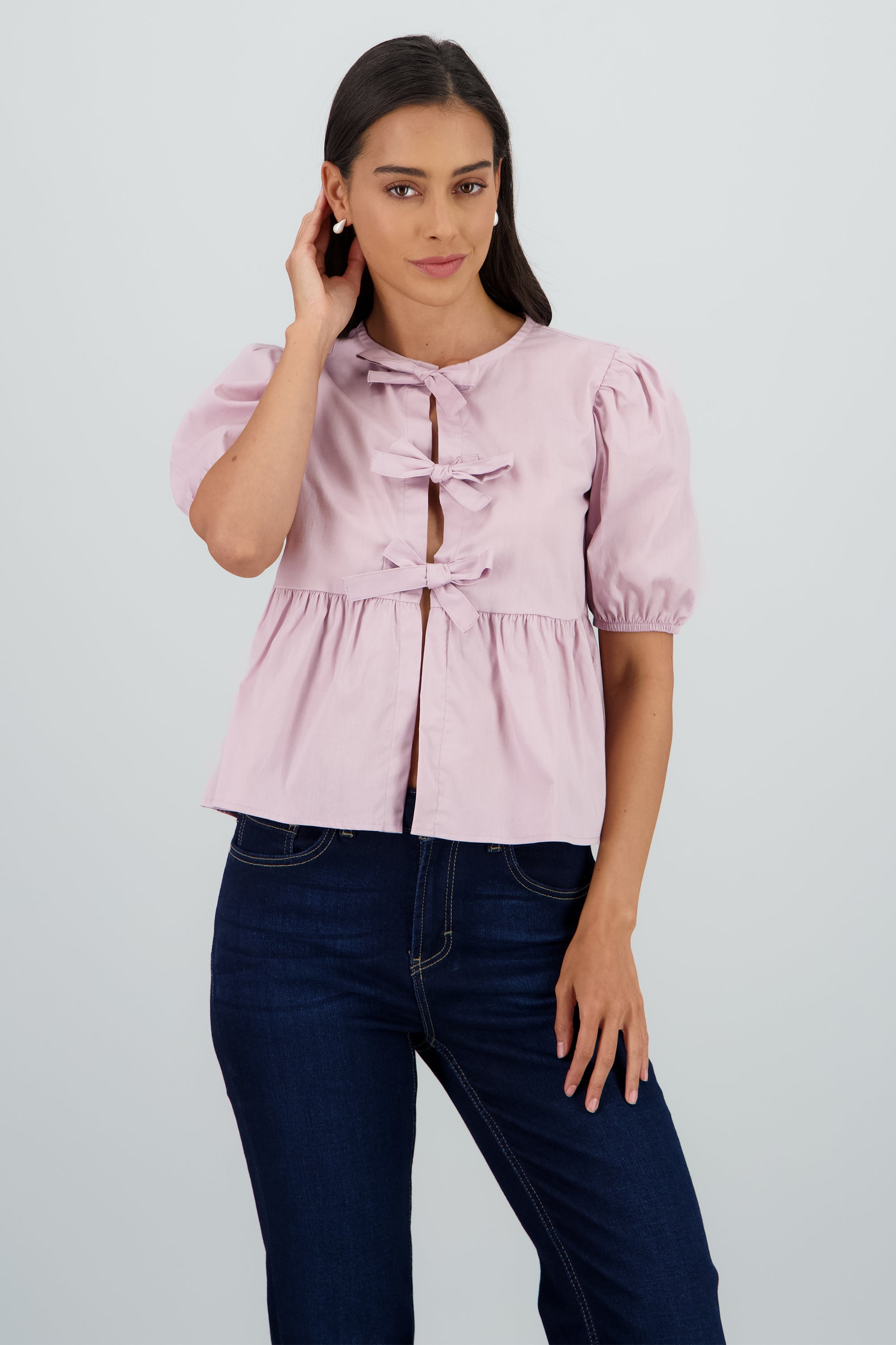 Blusa mangas abullonadas detalle moños ROSA PASTEL